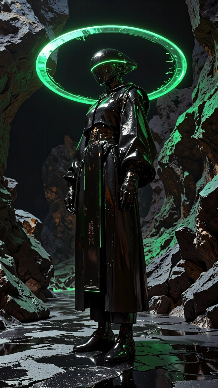 ​A single, solitary high-end female cyborg in a vertical 9:21 aspect ratio composition, captured in an awe-inspiring full-body wide shot, visible from head to toe. The image is rendered with microscopic, hyper-focused detail, ensuring she is the sole