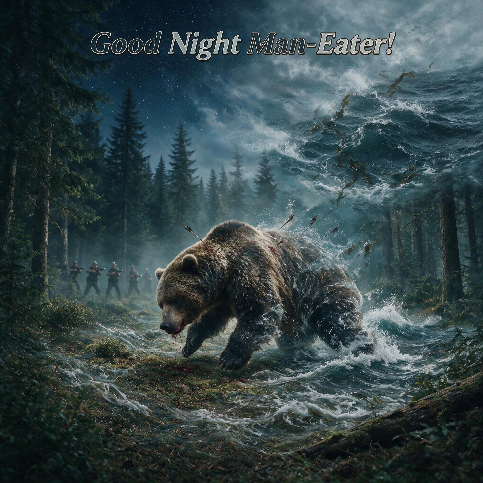 a bear dreaming of an ocean it never saw; A tranquilized grizzly bear with blood dripping from it's mouth and several darts stuck in it's back collapsing mid-stride as dark ocean waves materialize around its body—not flooding the landscape but phasin