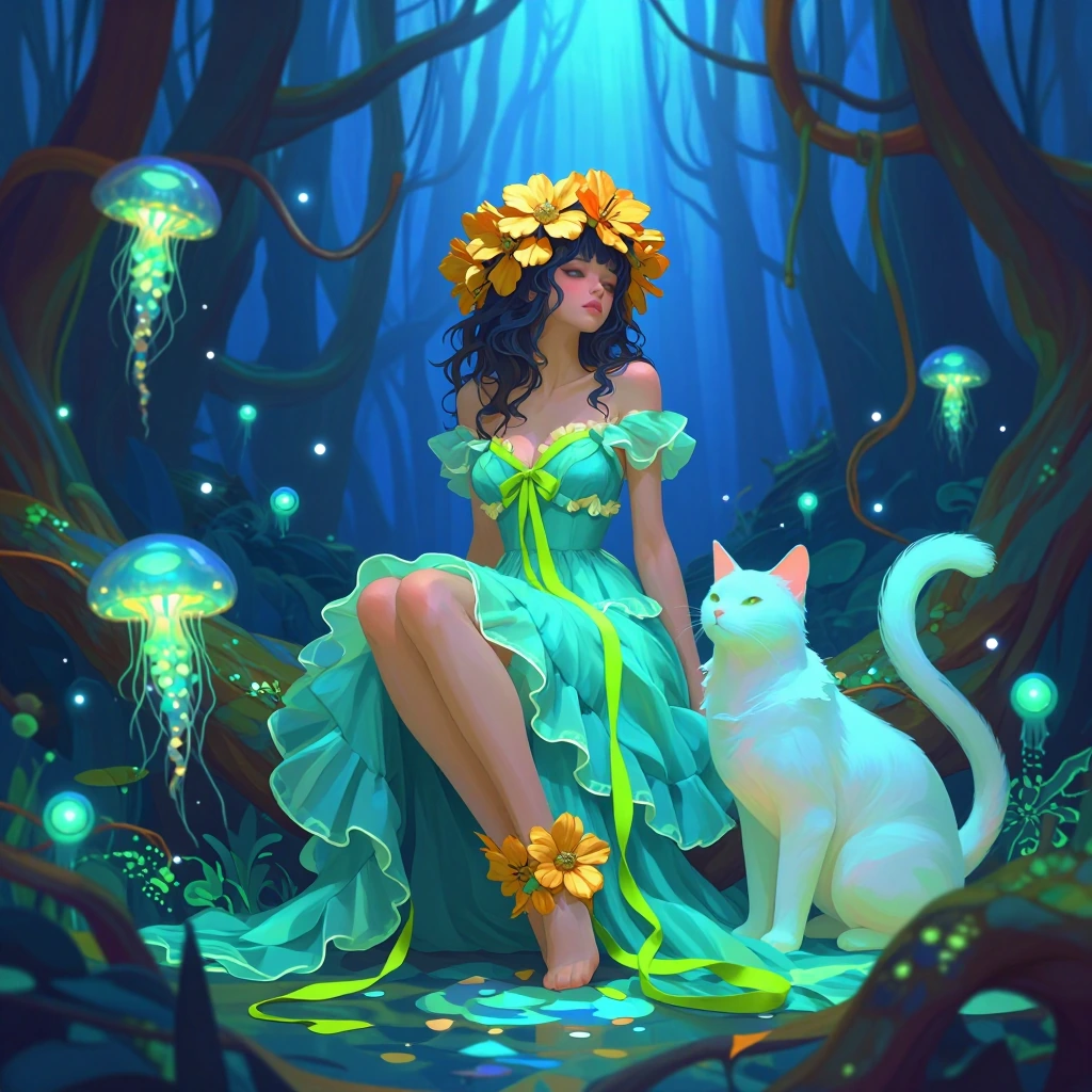 # Luminescent Garden A ethereal figure sits in a deep blue forest, wearing a flowing turquoise dress adorned with glowing ruffles and lime-green ribbo