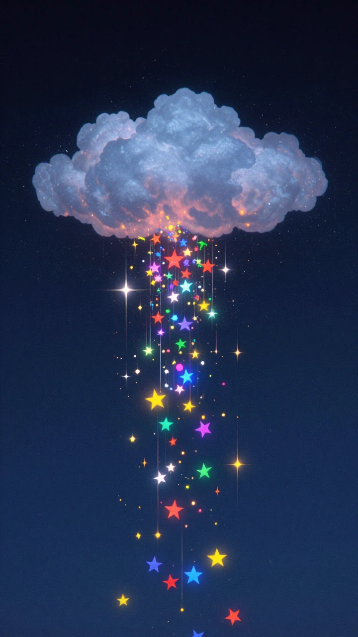 Whimsical dreamy digital illustration of a deep midnight-blue night sky, a large fluffy cloud near the top center in soft blue-gray tones with a subtle inner glow and a faint rosy-pink underside, beneath it a "celestial rain" of vibrant multicolored
