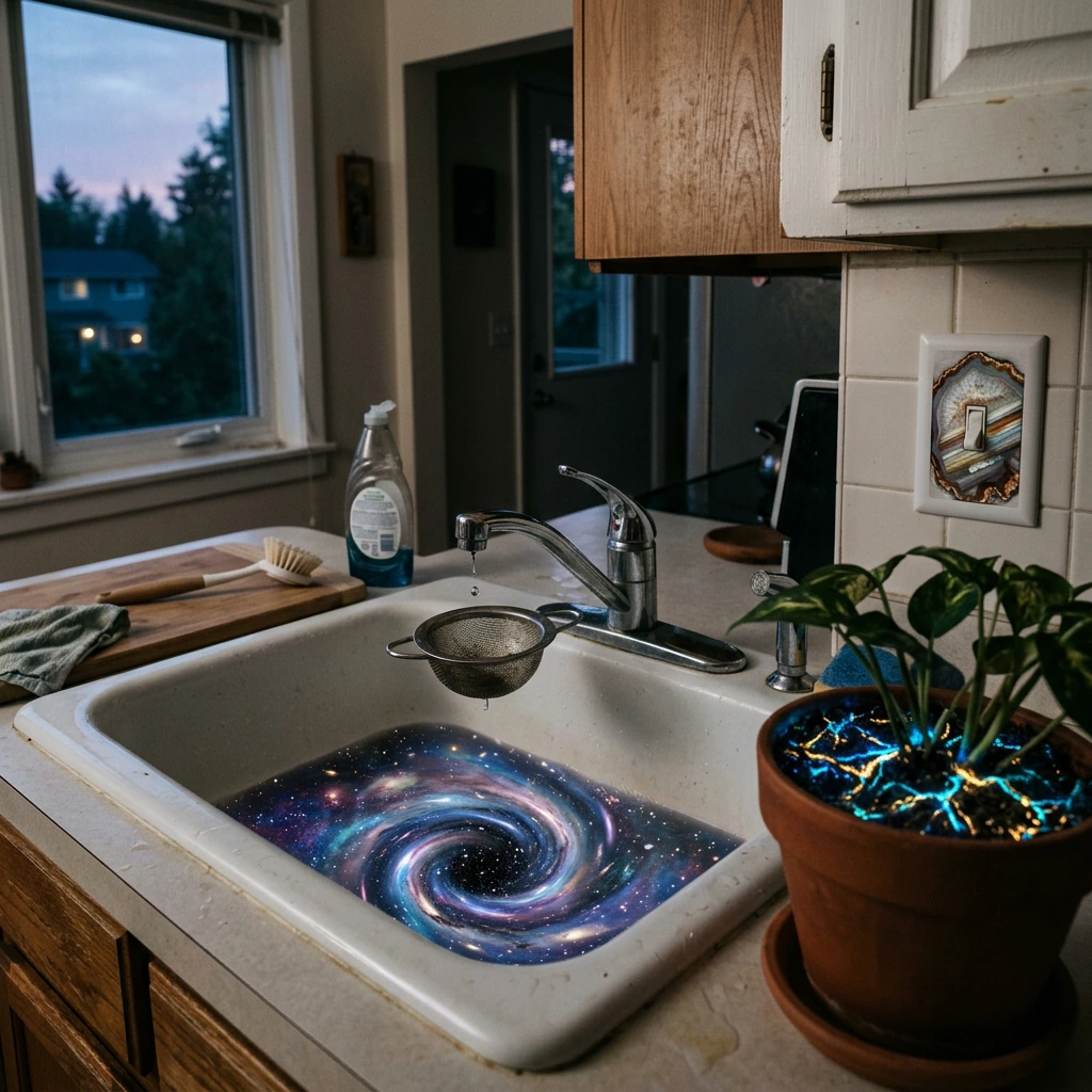 A suburban kitchen at dusk, mundane and still, where the drain of a ceramic sink swirls with deep space—nebulae and distant galaxies visible in the water as if the basin has become a portal showing Earth's inverted core. The faucet drips normally. Ar