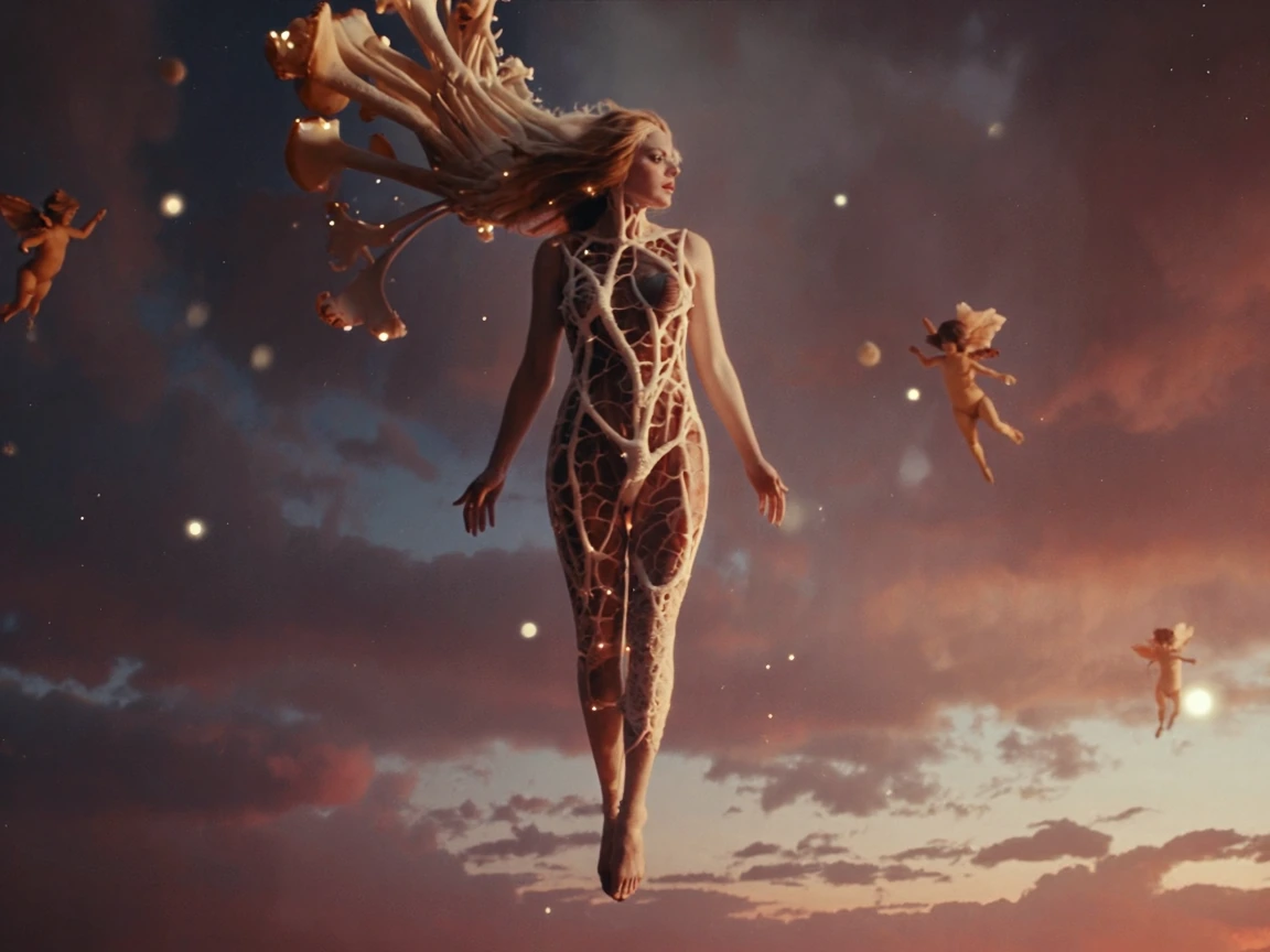 An enlightened womans body floating in sky filled with stars, little tiny angels surrounding the woman