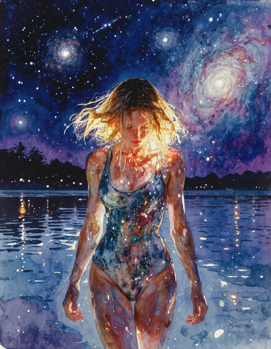 A luminous impressionist watercolor painting unfolds across a vast, mirror-like magic lake at night, where soft brushstrokes of translucent blues and violets blend seamlessly with expressive ink splatters that suggest movement and energy, evoking the