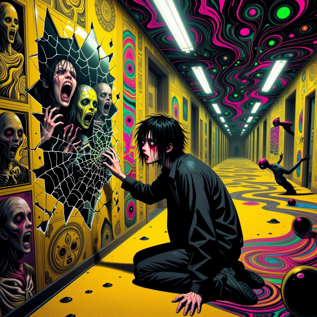 Cinematic keyframe, psychedelic seinen anime avant-garde psychological horror in the Backrooms. Disheveled young man with messy black hair and bloodshot eyes of existential dread kneels on damp yellow carpet in endless yellow maze. He reaches trembli