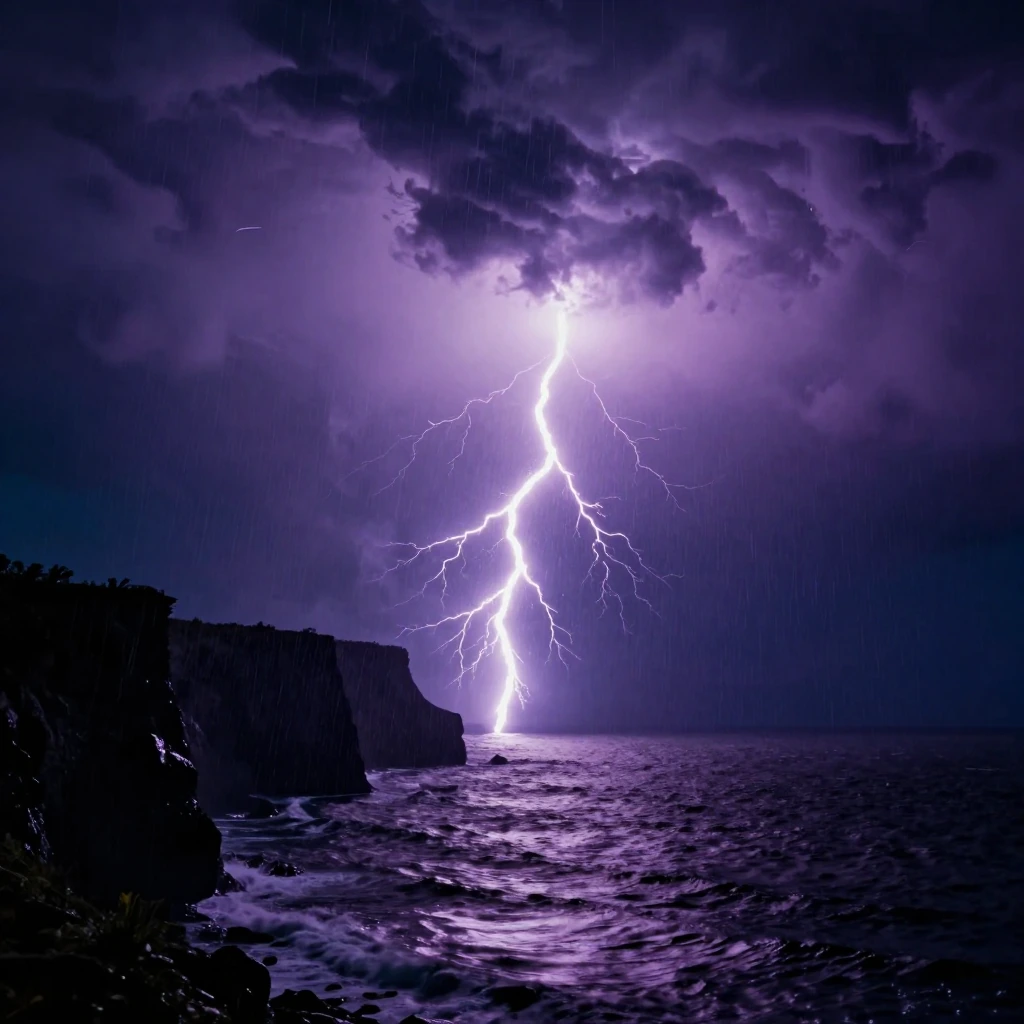 Epic dramatic night storm over dark ocean cliffs, massive bright lightning bolt striking from swirling purple thunderclouds, heavy rain, moody cinematic 80s goth atmosphere, ultra detailed, high contrast, square 1:1 aspect ratio, 1080x1080 resolution
