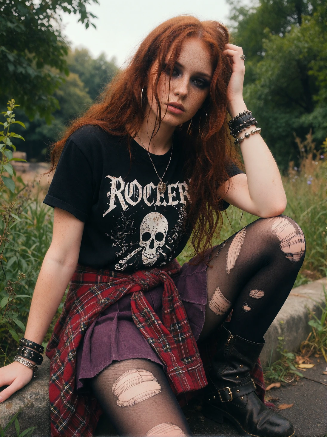 A 25-year-old woman with long wavy auburn hair with soaked strands across her face, freckles, dark smoky eye makeup, no tattoos. She wears a black rocker t-shirt with a faded white graphic, a red flannel shirt tied around her waist, a purple pleated 