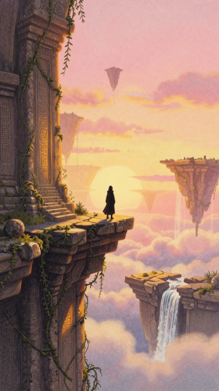 A solitary figure in a dark hooded cloak stands at the precipice of a colossal stone temple suspended in an endless sky, its surfaces thick with cascading vines and carved runes that glow soft amber in the fading light. Fractured temple platforms dri