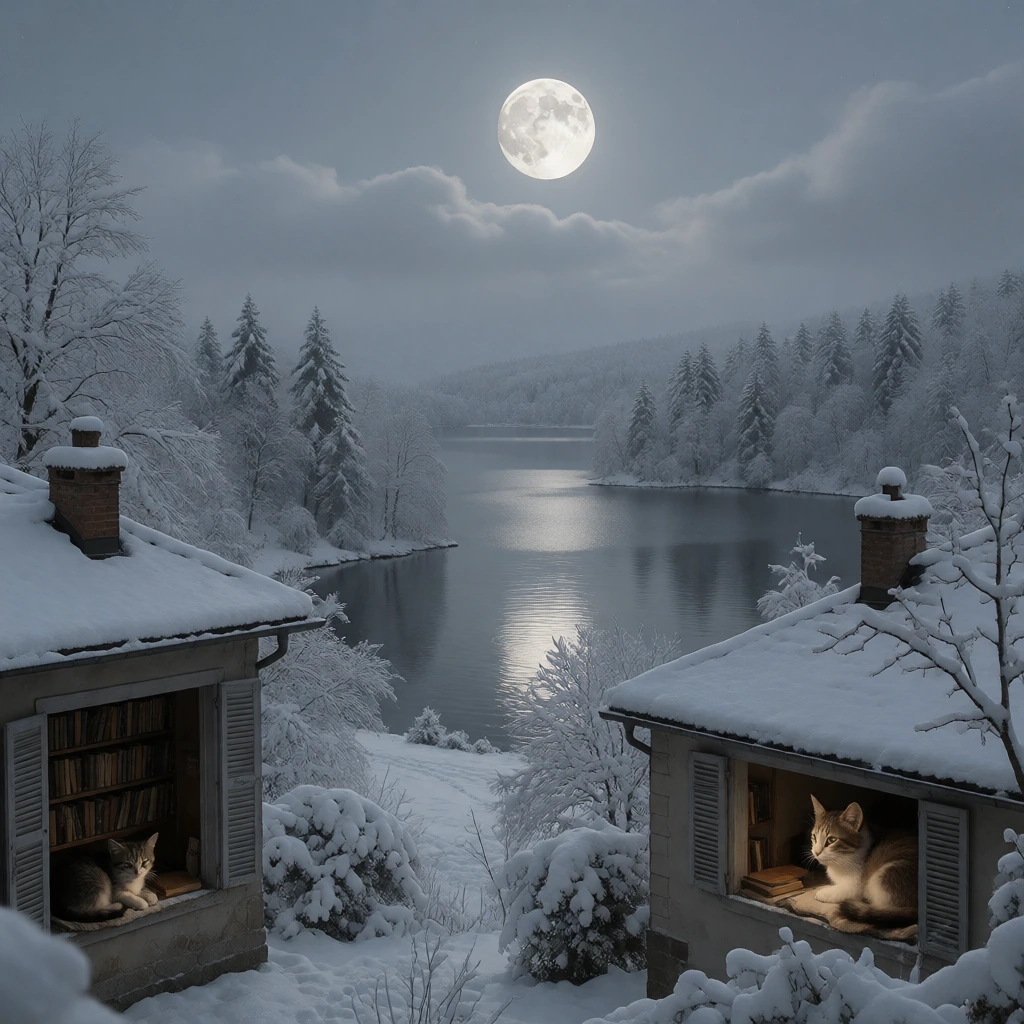 The Moon collects quiet from snowy forests, libraries, sleeping kittens, and calm lakes. On noisy nights, it sprinkles a little silence back onto the world.