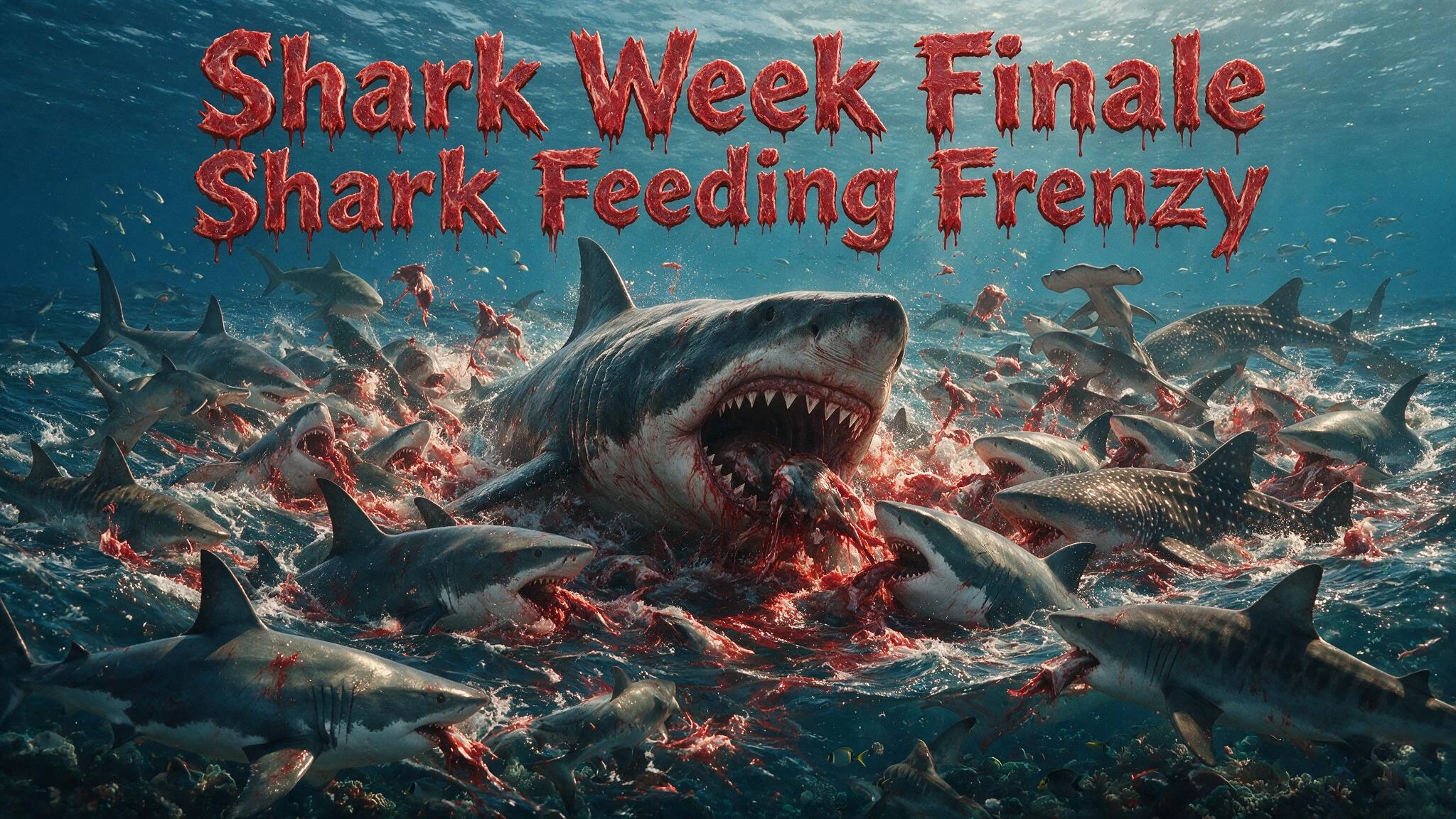 Shark Week Finale; Photorealistic, 8k Title written in jagged red letters that look like raw bleeding meat "Shark Feeding Frenzy" A Shark feeding frenzy, every type of shark imaginable including Megalodon writhing ripping and tearing....