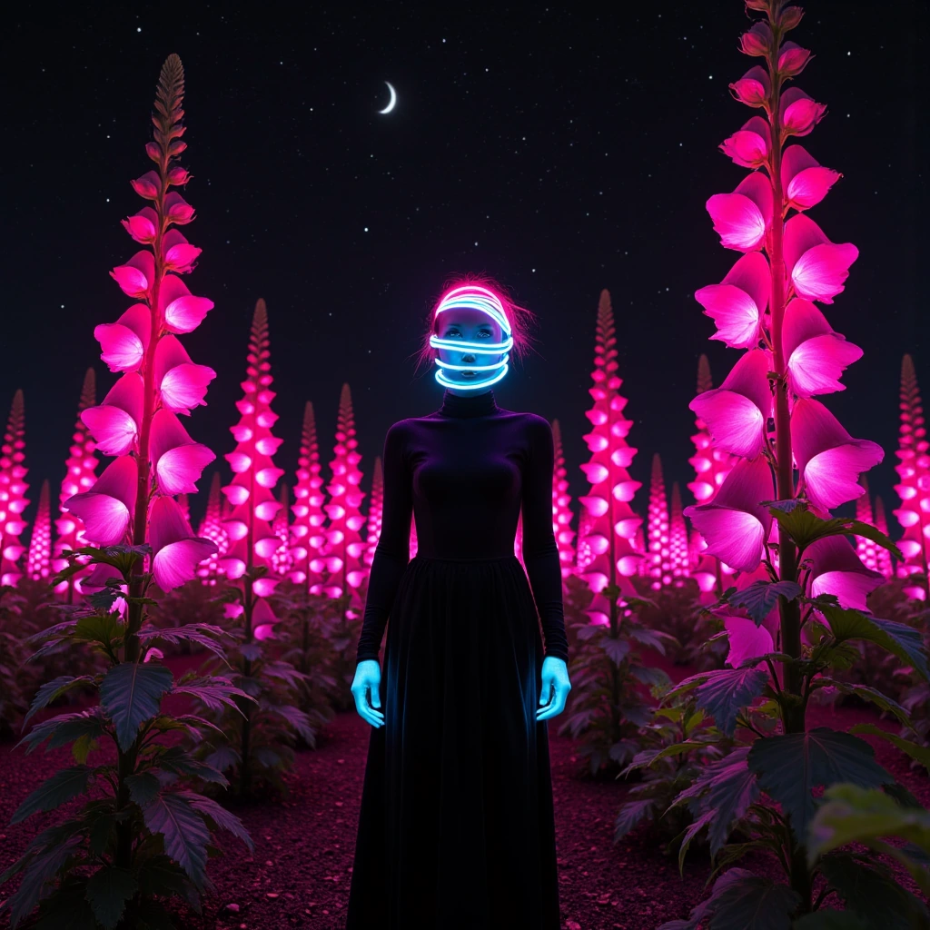 A woman with skin of matte black velvet and hair of coiled neon tubing (pulsing cyan and magenta) walks through a midnight grove of giant foxgloves. The bell-shaped flowers glow from within with a soft, bioluminescent white light, casting her in star