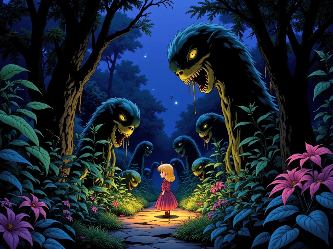 A mystical garden, dark, weird dangerous plants, a little girl with golden hair enlightenes the garden, super detailed, 8k quality