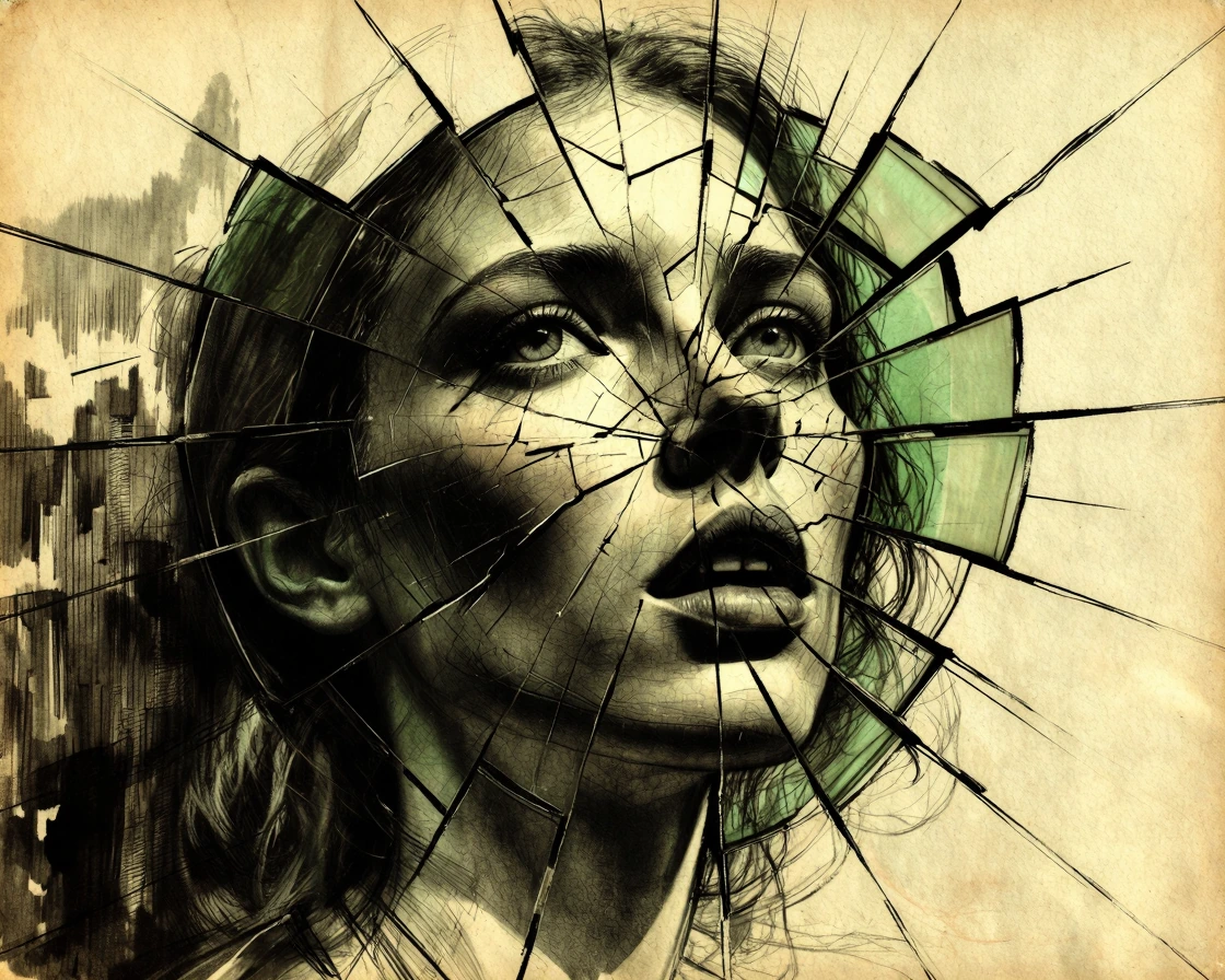 A portrait of a figure's face melting and fragmenting into geometric shards that scatter outward like breaking glass, rendered in charcoal and ink wash with areas of deep black bleeding into sickly yellowed paper. The distortion pulls the features do