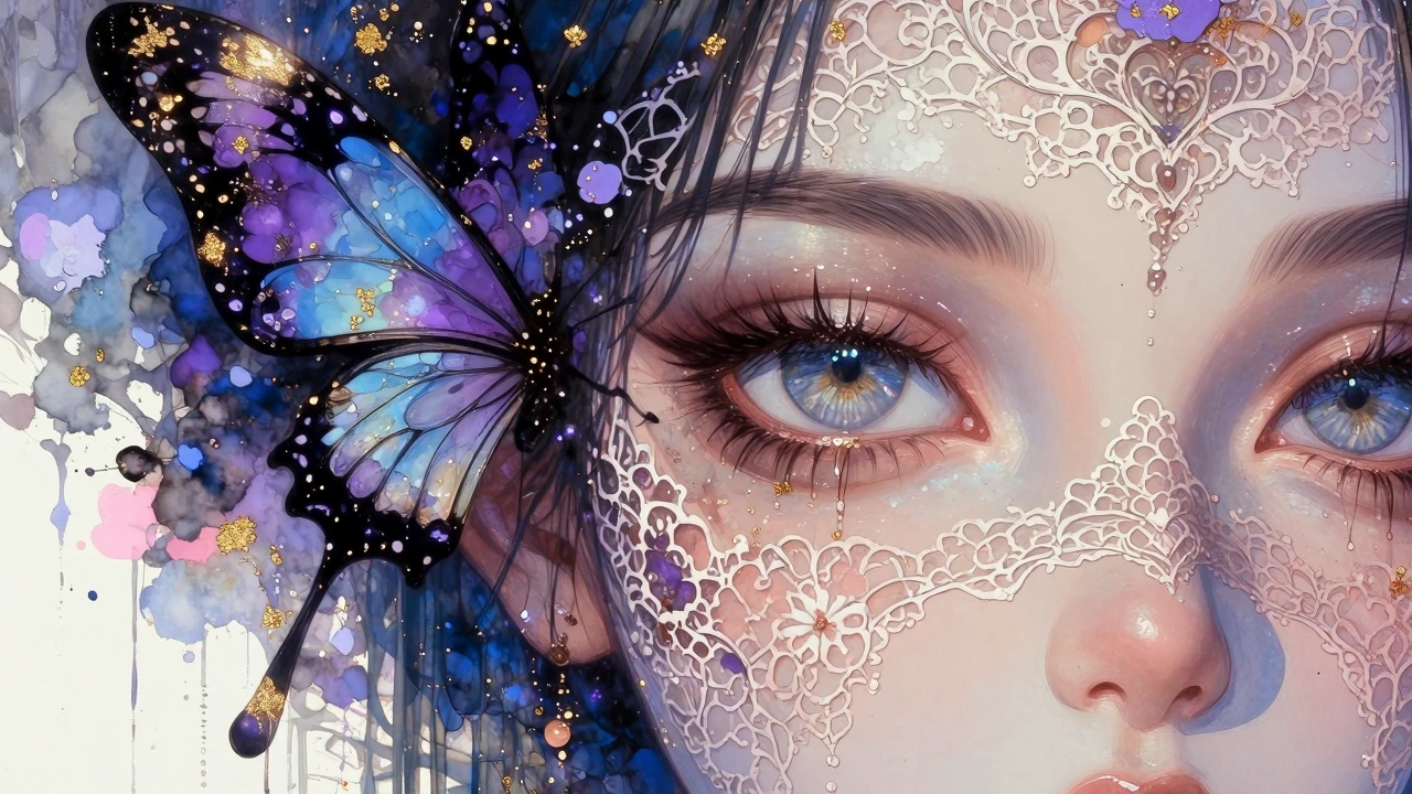 Intricate ethereal mixed-media painting of a partial female face in close-up (only one eye and part of the cheek visible), hyper-detailed vivid eye wi
