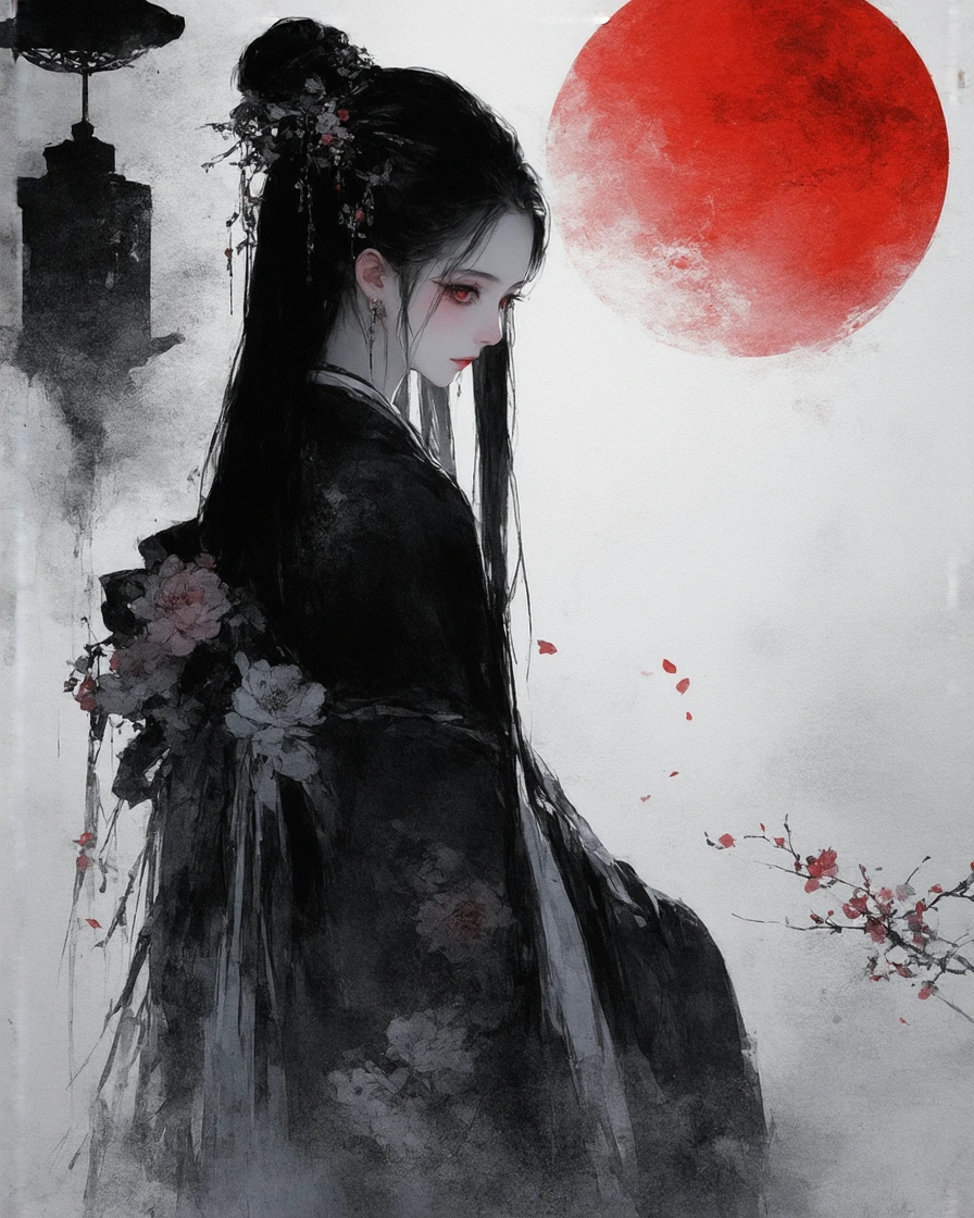 A vertical, highresolution digital painting in a gothic anime aesthetic featuring a young woman with pale skin and long, straight black hair that cascades down her back. She has large, expressive eyesone glowing with a deep purple hue and the other a