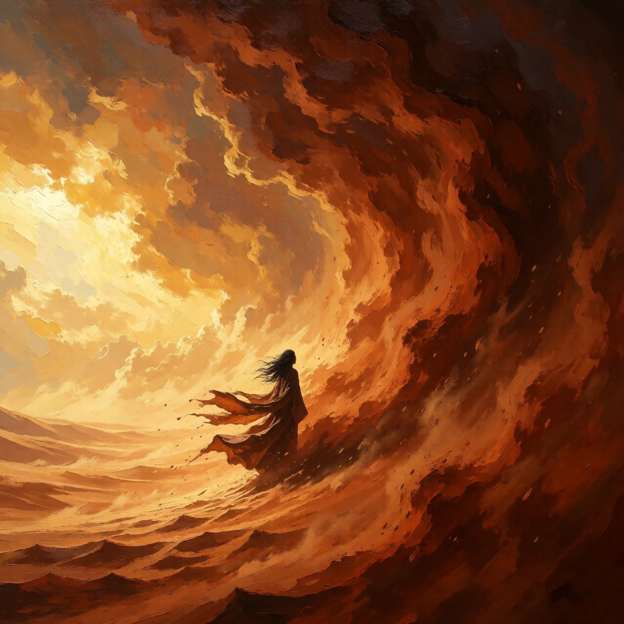 An impression of an approaching sandstorm. The sky is a dramatic clash of color and motion. The left side of the canvas is still bathed in brilliant s