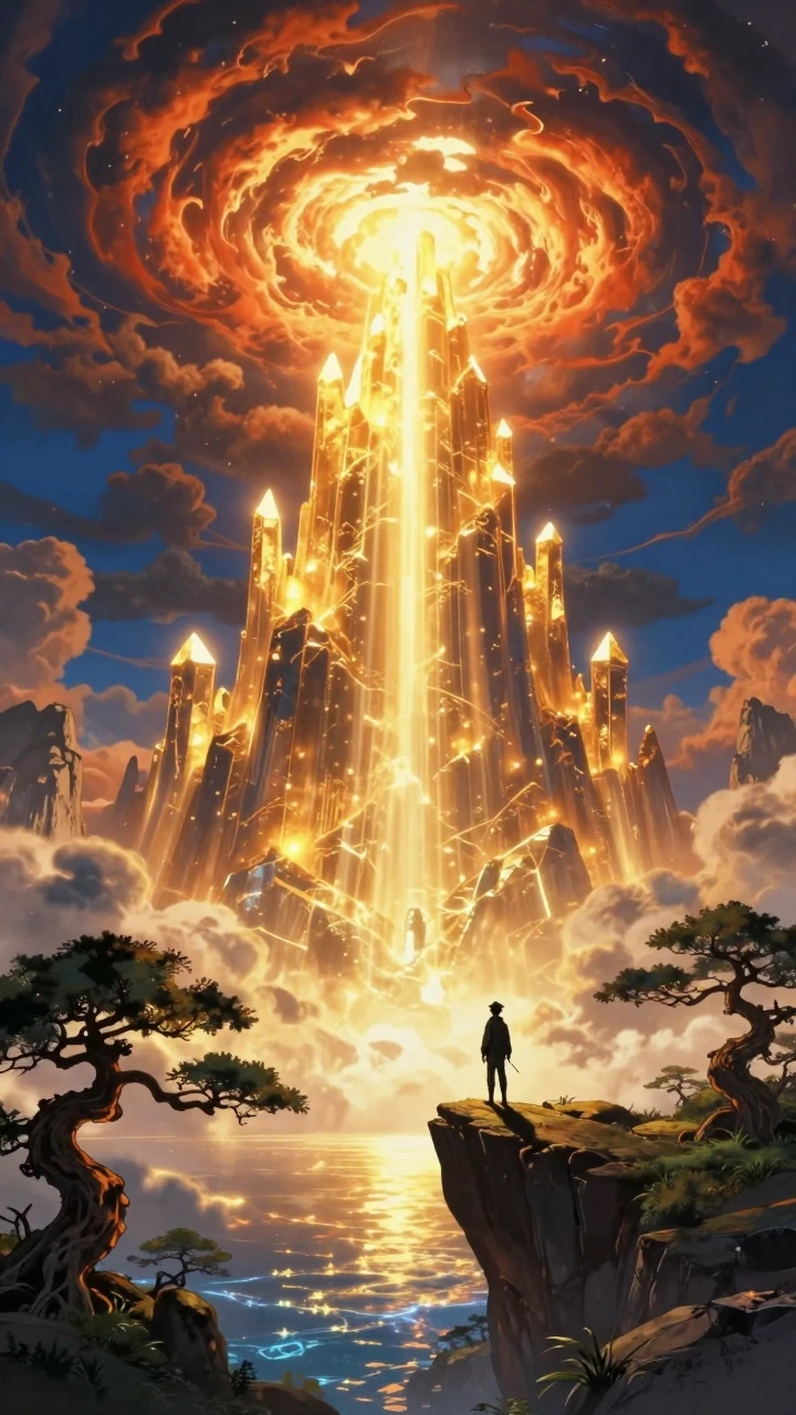 Cinematic anime fantasy landscape, majestic glowing crystal mountain emitting brilliant golden divine light with powerful beams breaking through drama