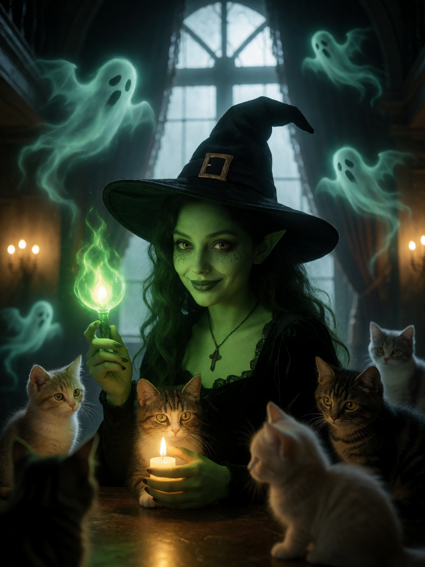 Green witch surrounded by kittens inside a haunted mansion. Ghosts fly around. Beautiful lighting. Glowing things. Kodak photo