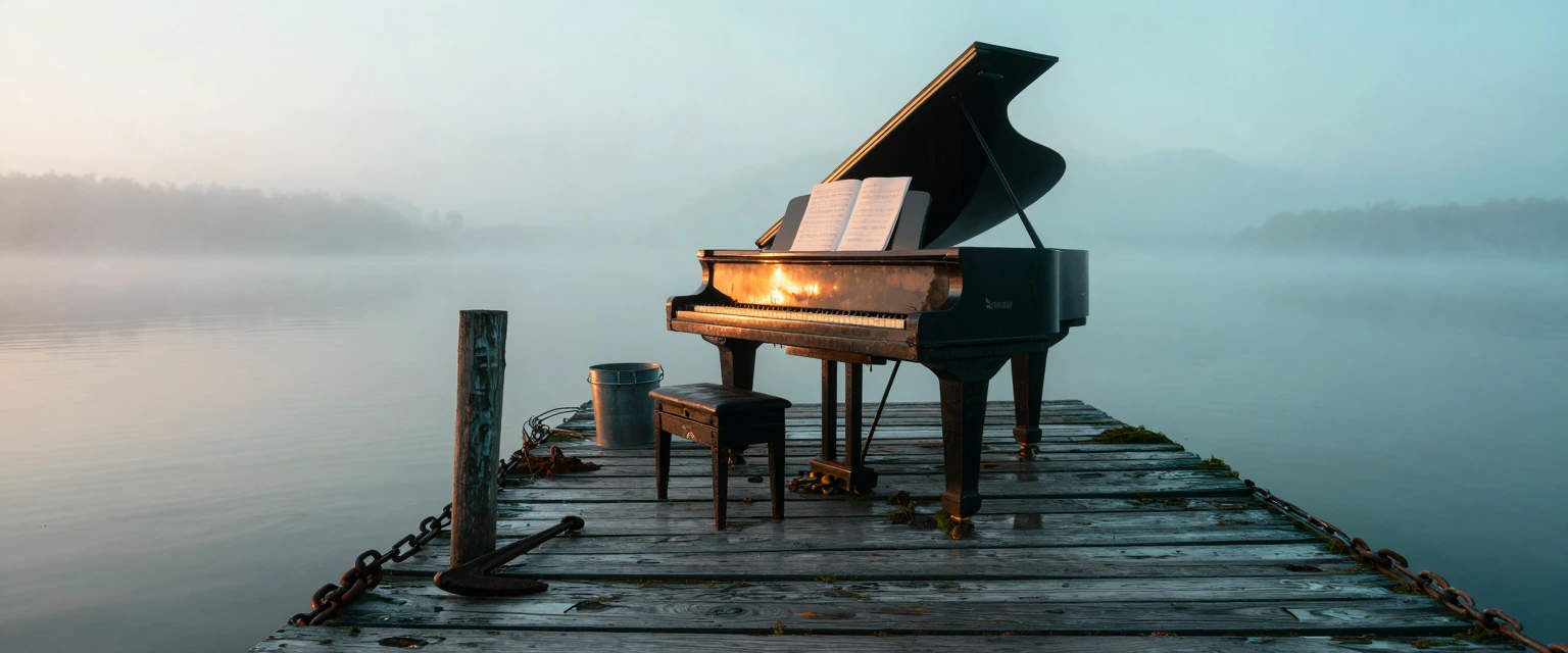 Capture a weathered fisherman's wooden dock stretching over a foggy lake at dawn, every plank salt-bleached and splintered, a rusted anchor chain coiled at the edge — but sitting dead center on the dock is a perfectly pristine grand piano, lacquered