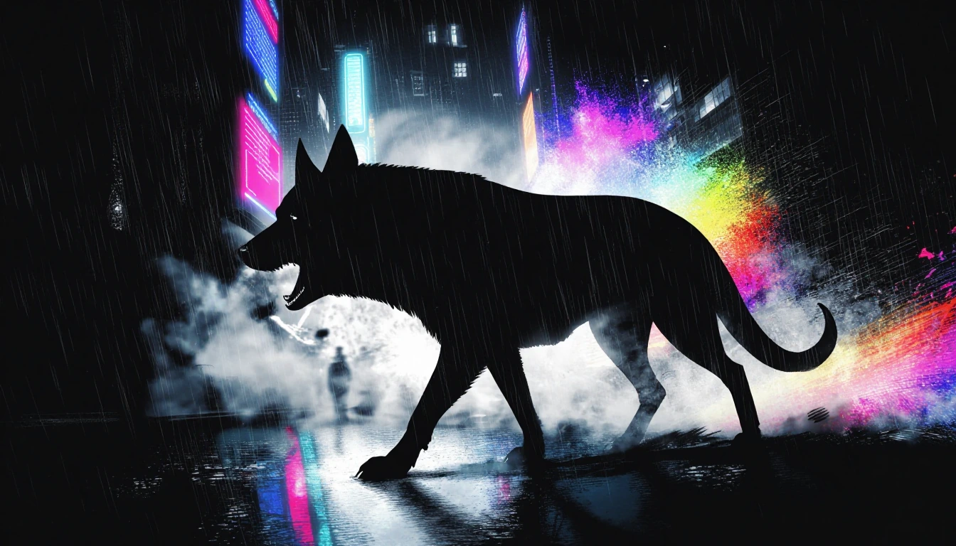 A majestic animal walking through a rain-soaked cyberpunk city at night, neon signs reflecting in puddles, volumetric fog, dramatic rim lighting, cinematic photograph