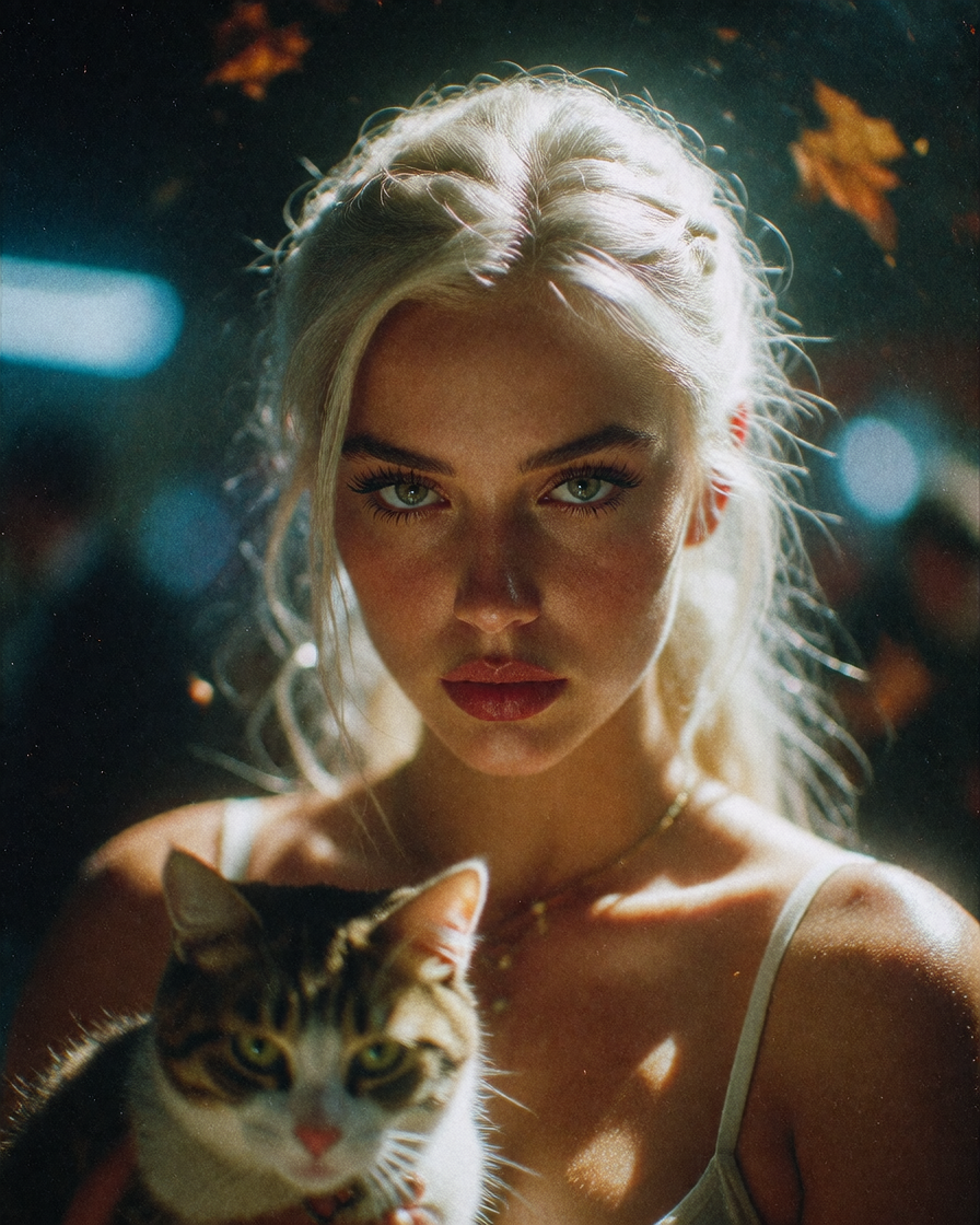 Gorgeous platinum cyberpunk woman dress d in autumn style, with a cat.