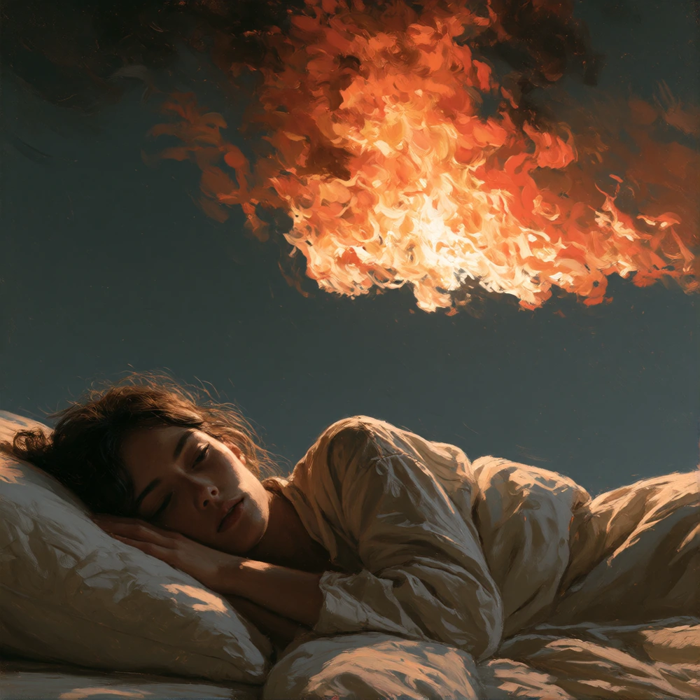 woman laying in bed dreaming of the world on fire