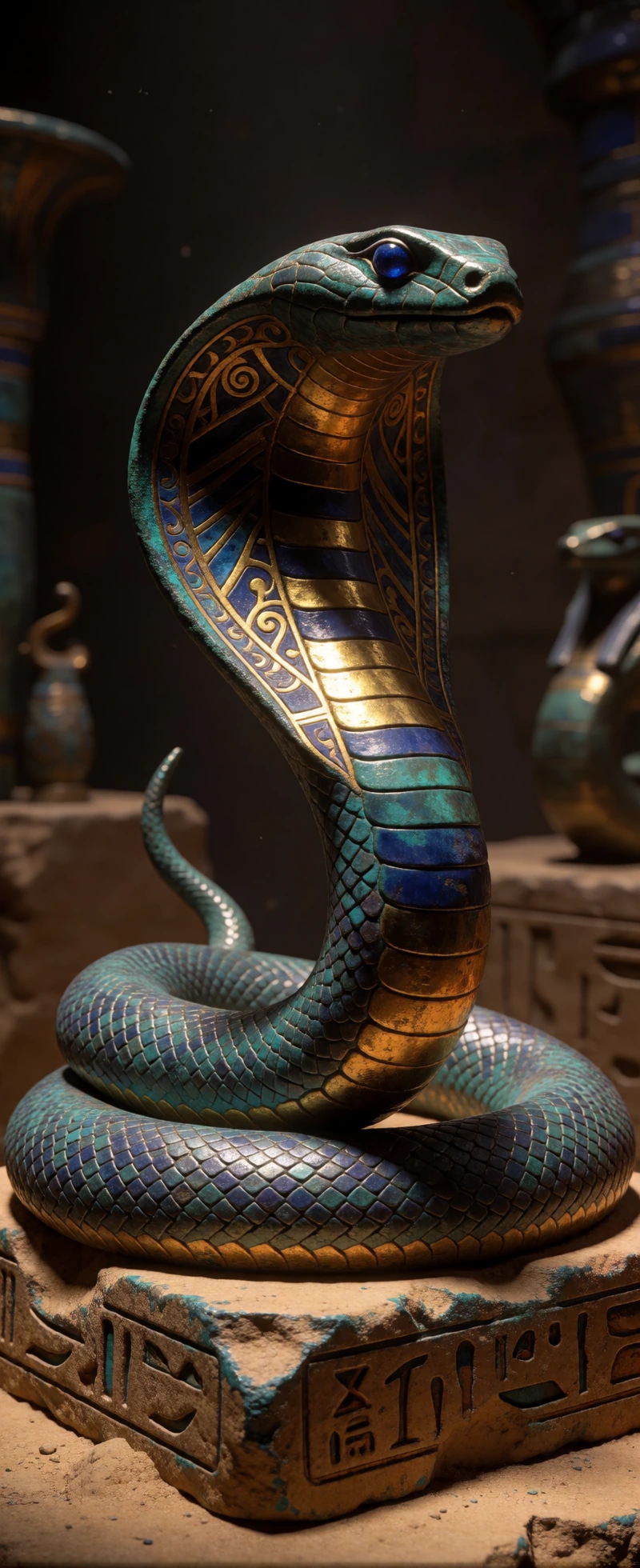 A highly detailed photograph of an ancient, patinated bronze sculpture of a coiled cobra, positioned on a weathered, sandstone base inscribed with wor