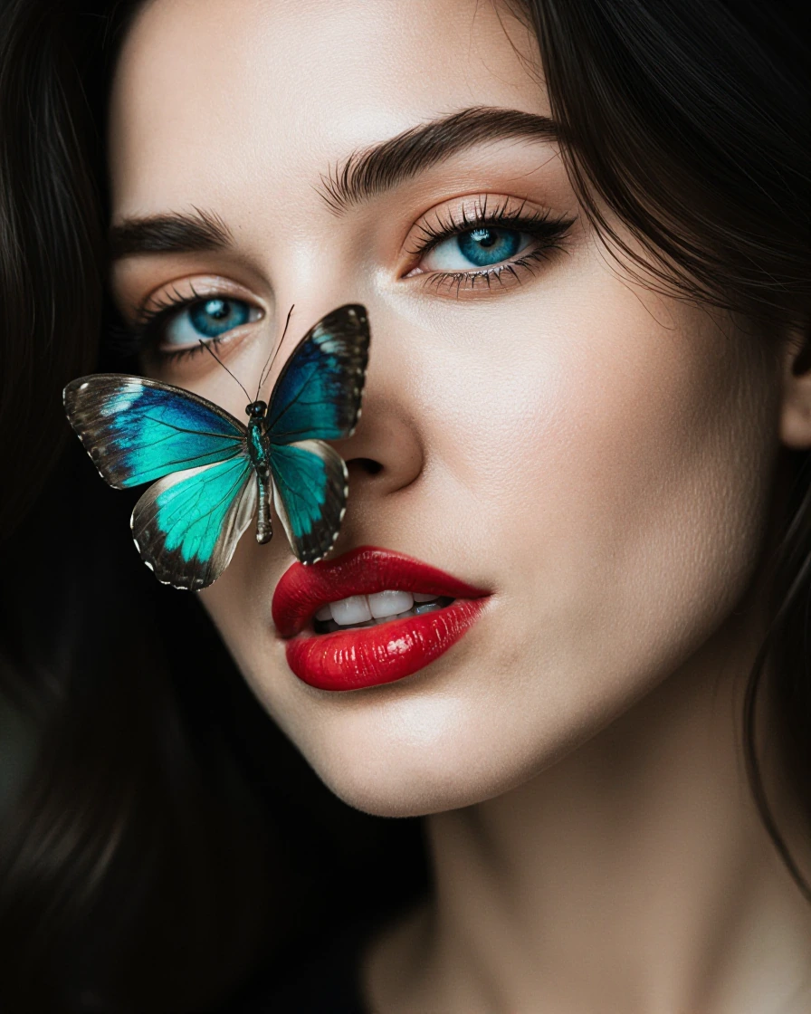 Extreme closeup of a stunningly beautiful young woman focusing on a colorful butterfly alighted on her nose, smooth skin, delicate facial features, sensual peacock blue eyes, lustrous black hair, full crimson lips parted in an alluring pout. Serene f