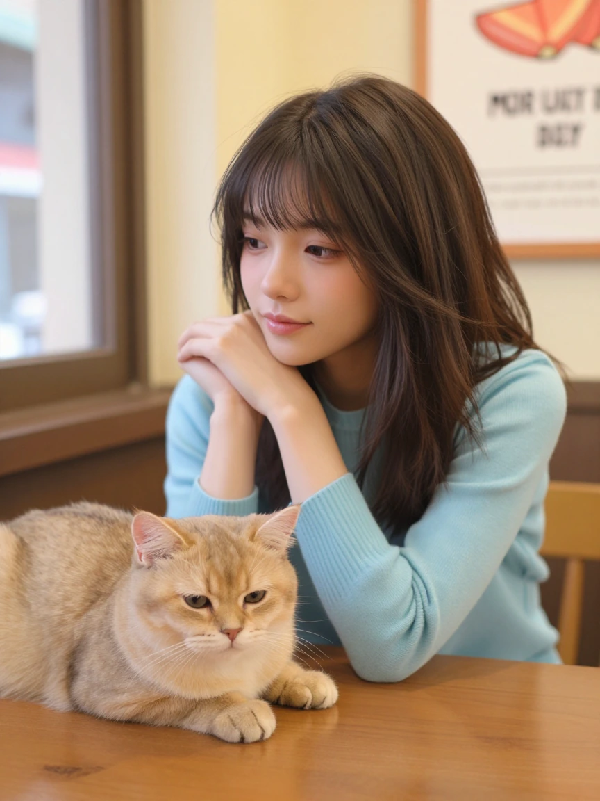 Woman at a café with her cat. Powder blue and tan