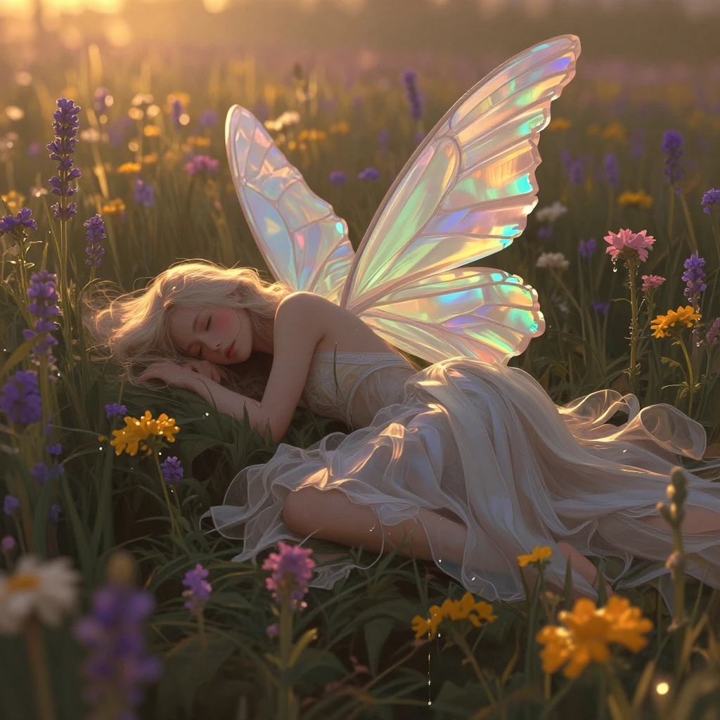 Ethereal fairy woman with iridescent CD-textured wings lying gracefully in a sprawling meadow of wildflowers, soft golden hour sunlight filtering thro