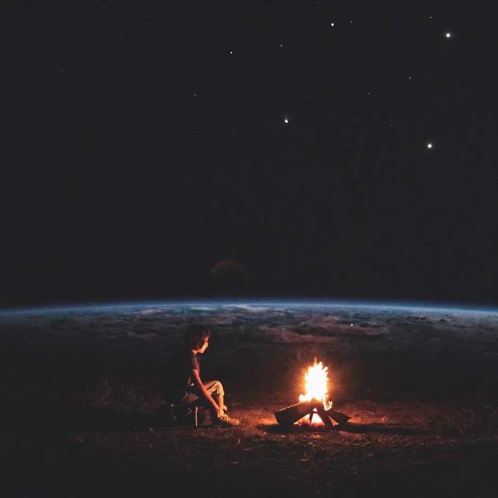 A small campfire next to a tiny person sitting on an alien planet 3/4 of the image is stars and black sky