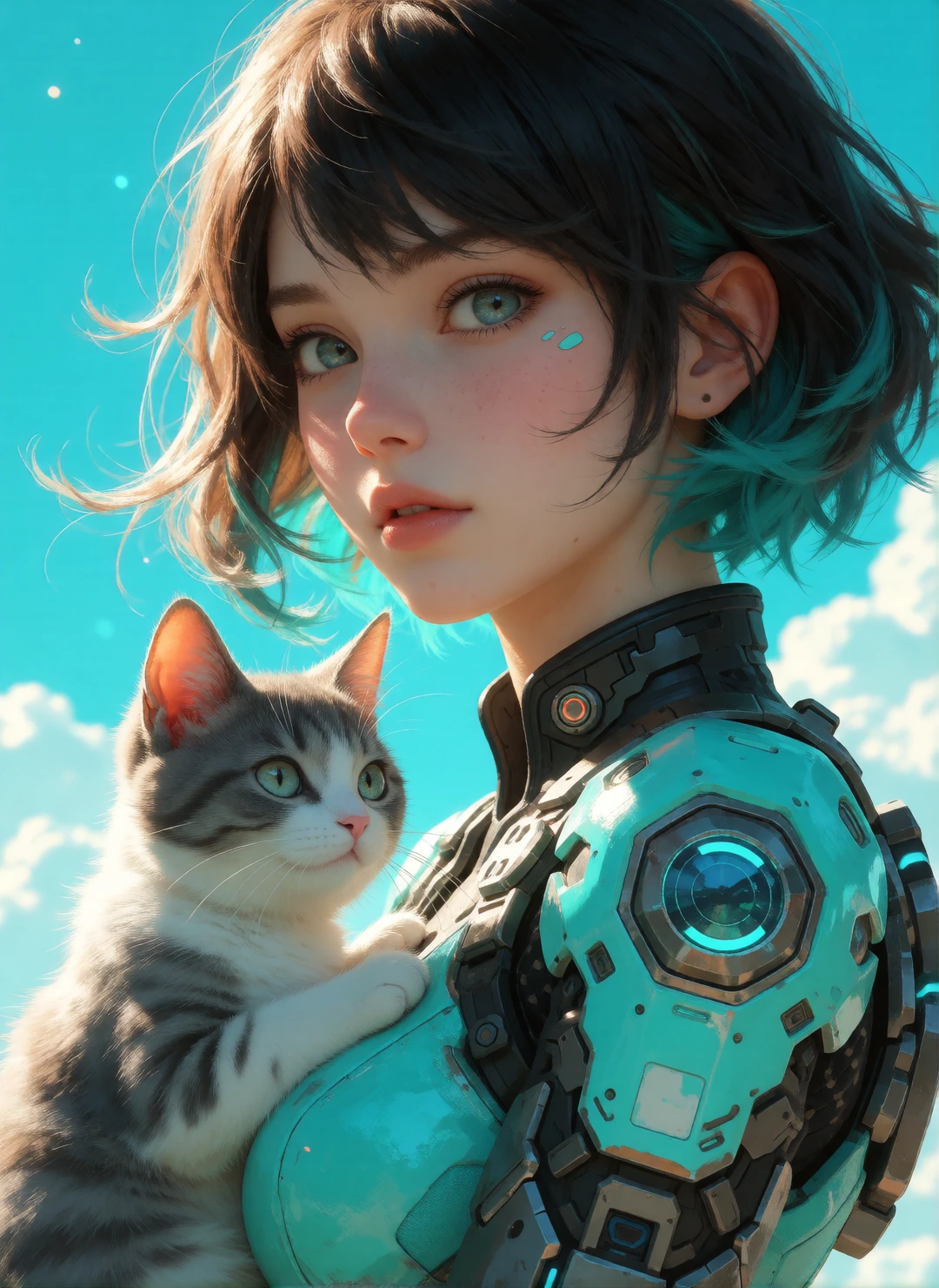 A woman with her cat and with her Mech. Focus on bright teal. Beautiful background.