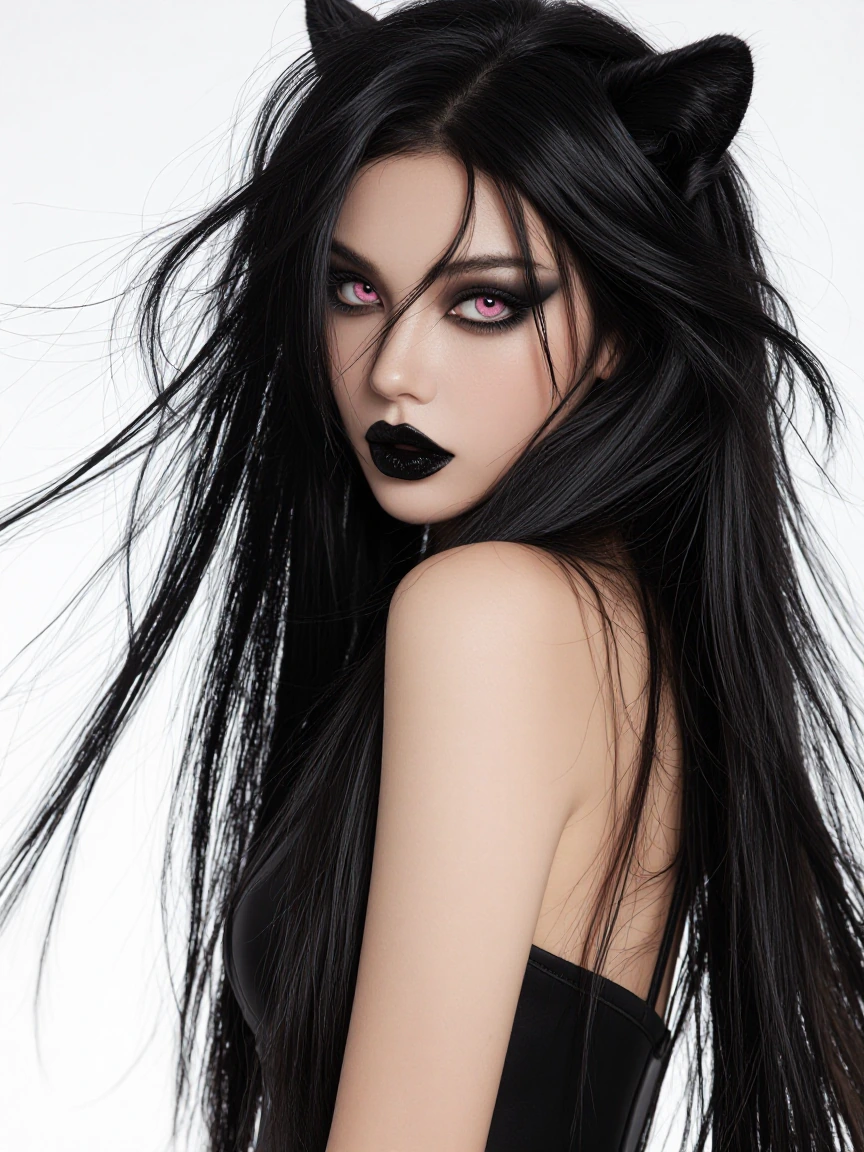 Vampirepulp woman, long flowing black hair, black lips, black eyeshadow, pink eyes with a panther