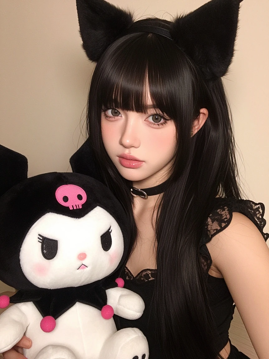 Beautiful woman with her cat, Kuromi style