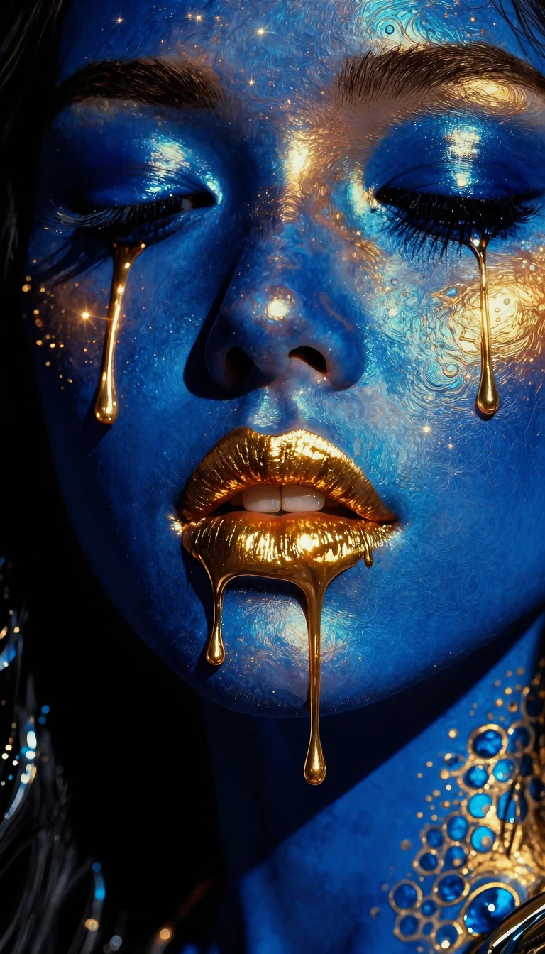 A dramatic close-up beauty shot of metallic gold and blue makeup art. The lips are painted in a metallic gold shimmer with a glossy finish, creating a