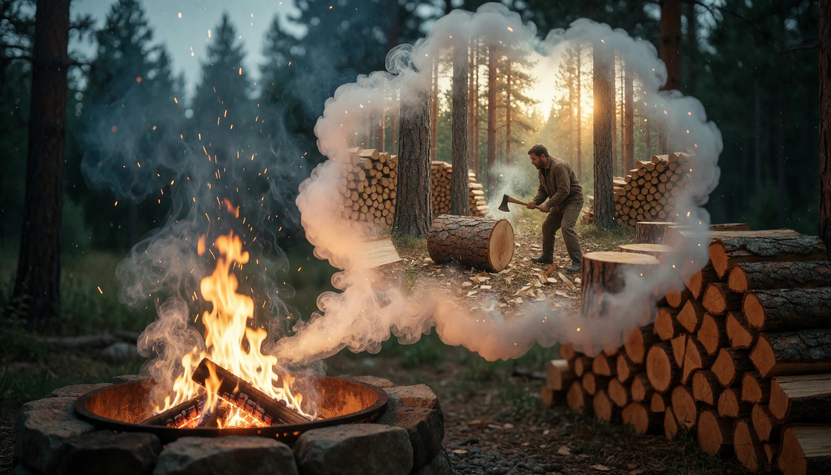 A whimsical yet photorealistic scene titled "What Fire Dreams About." In the foreground, a rustic stone fire pit burns brightly at dusk, its orange flames glowing with warmth as sparks drift into the cool evening air. The fire pit is the unmistakable