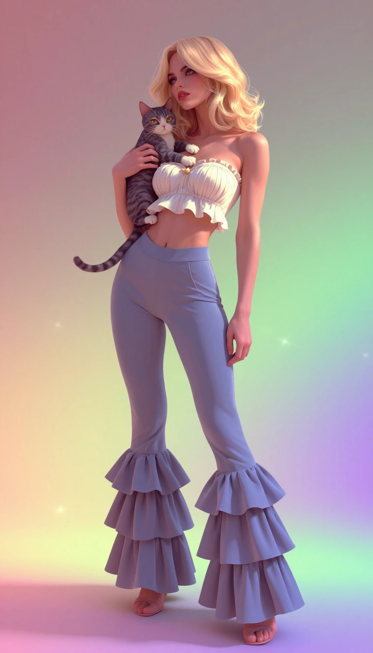 Woman blonde hair, 1970s style frilly bellbottoms and tube top, dark pastel Goth, with a cat