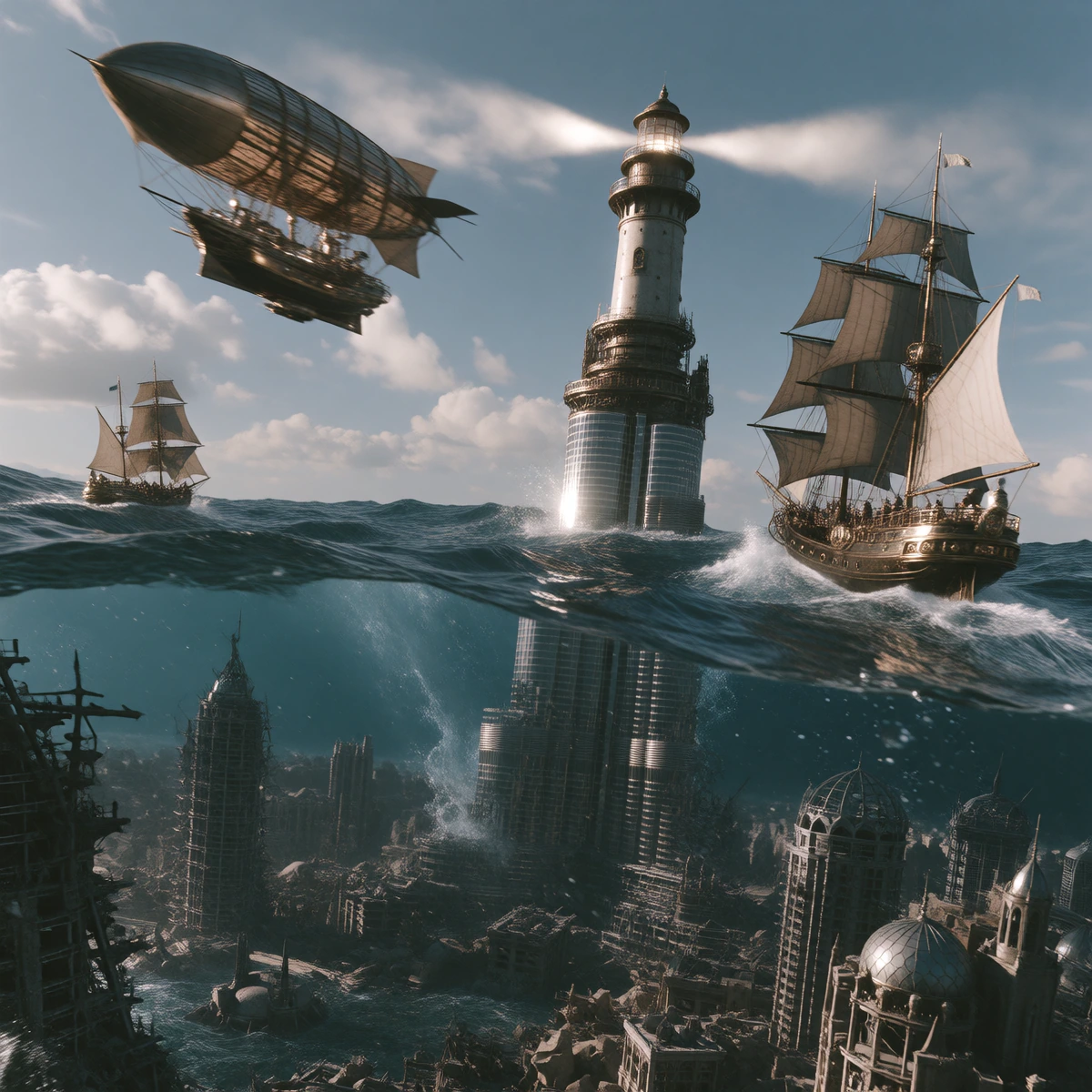 Title "The World Was Not Created In A Deluge, It Was Covered By One!" a lighthouse warning steampunk ships away from land that sank; In a dystopian future where the Polar Ice Caps melted and the world flooded a steampunk lighthouse has been built int