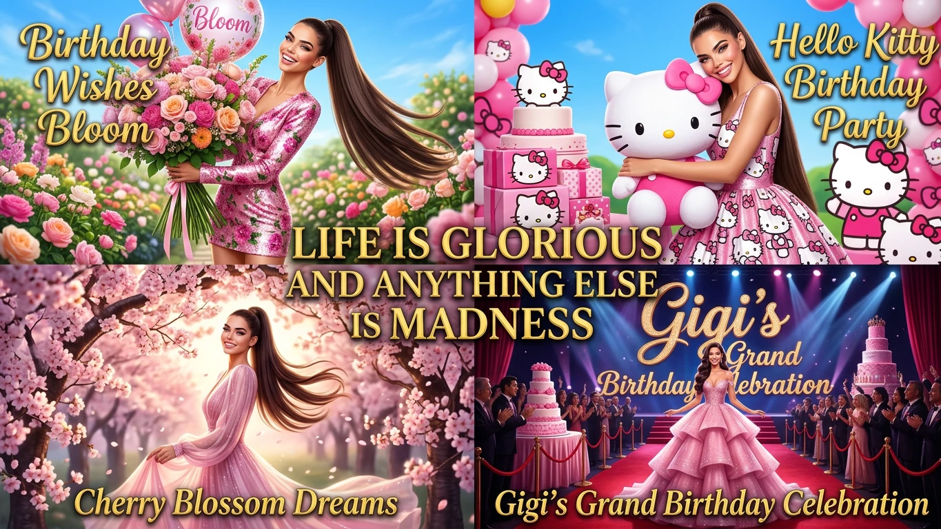 A collage of 1. Birthday Wishes Bloom, 2. Hello Kitty Birthday Party, 3. Cherry Blossom Dreams, 4. Gigi's Grand Birthday Celebration; Model gorgeous supermodel with ultra-long dark brown hair styled in a ponytail, shimmering pink outfits different in