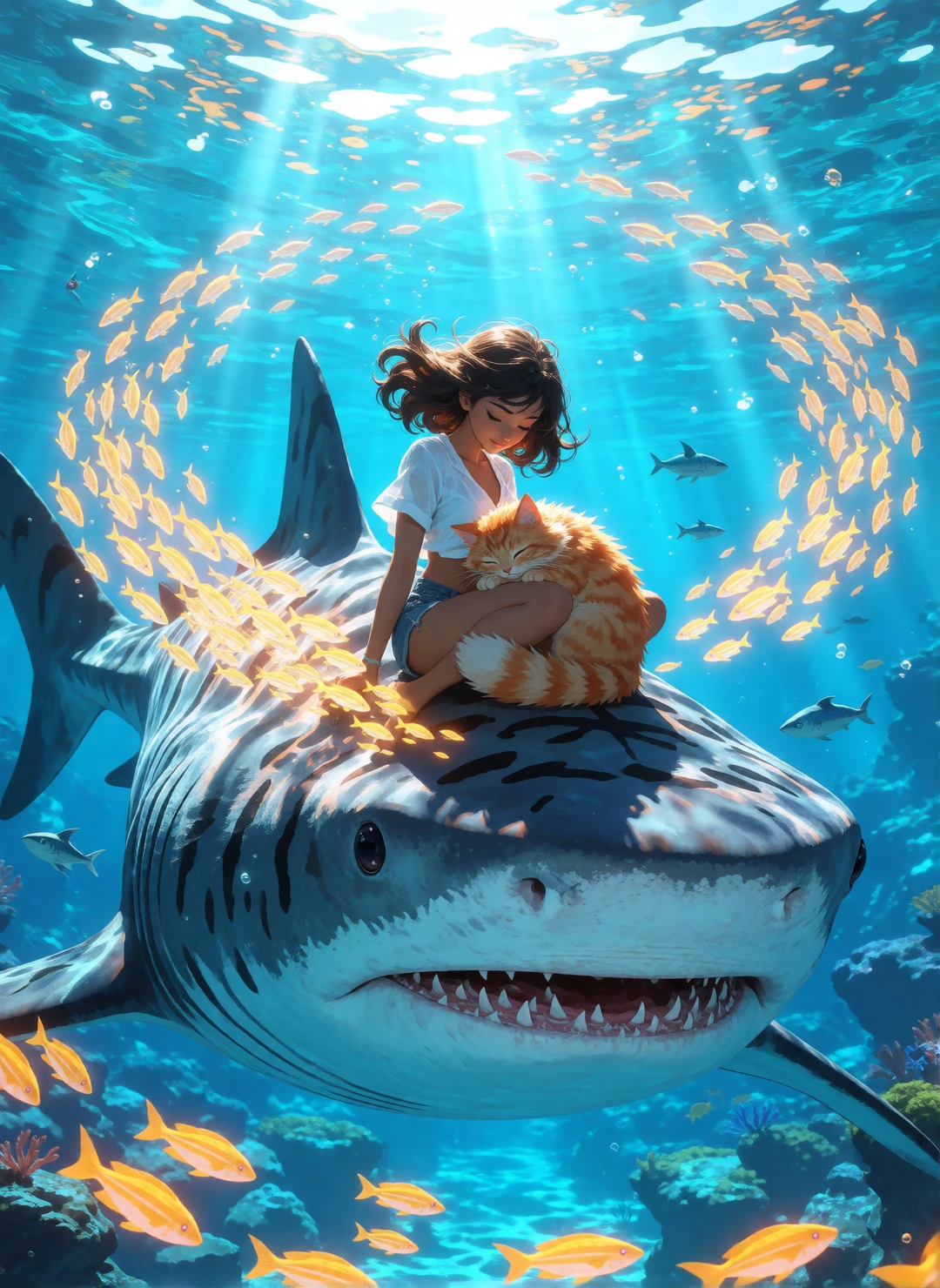A beautiful woman sits calmly on the back of a massive tiger shark swimming through crystal-clear tropical water. Curled comfortably on her shoulder is a fluffy orange cat that looks completely unbothered by the situation. Schools of glowing fish for