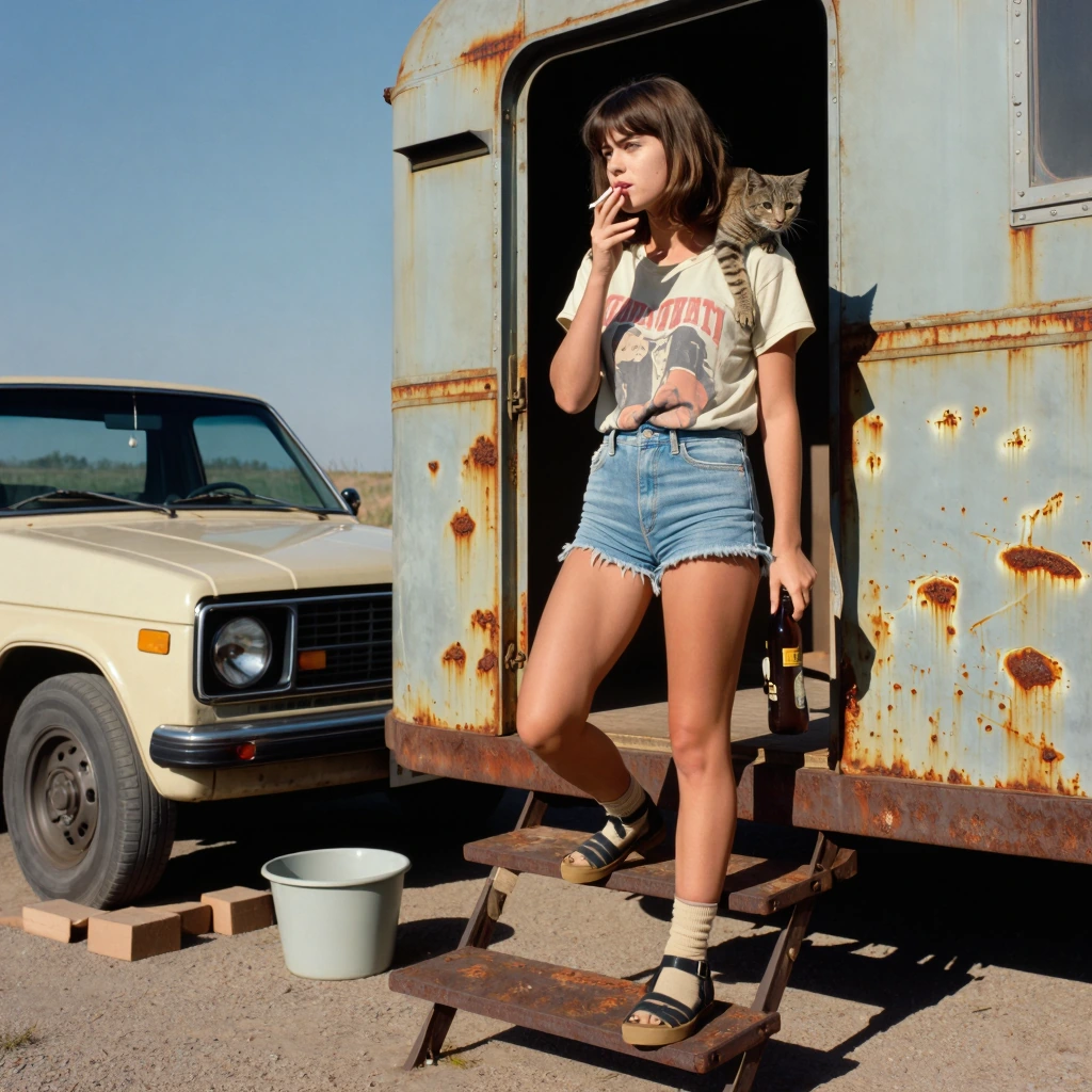 Woman in her mid-twenties on rusted trailer steps, cigarette at her lip, tabby cat draped across her shoulder, beer bottle in hand, faded band tee and cutoff shorts, shot as 1970s Kodachrome—flat documentary sunlight, natural shadows, heat shimmer wa