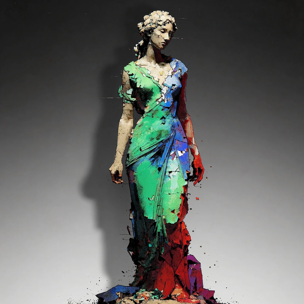 A digital sculpture of a woman, rendered in a fragmented aesthetic influenced by abstract expressionism. The figure is composed of irregularly shaped blocks of color and pixelated textures, creating a distressed and dynamic feel. Pleated fabric drape