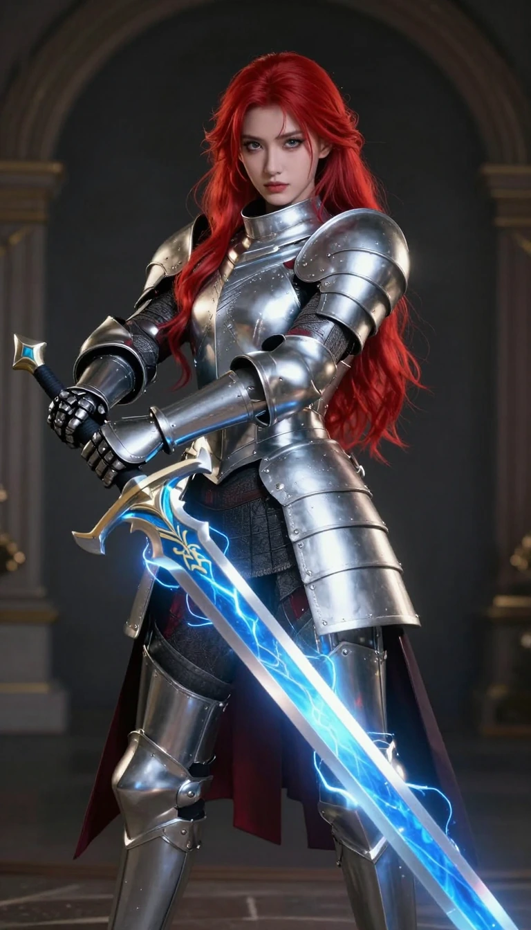 Red haired woman holy knight in shiny silver armor wirlding a claymore sword with a glowing blue blade with many arcs of electricity running down the blade