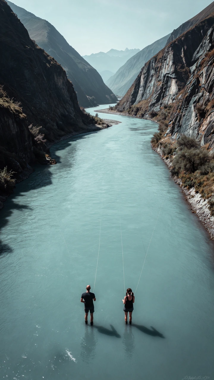 Aerial drone shot of a bald man in sunglasses and a brunette woman in twin tails and v-neck fishing gear standing waist-deep in a turquoise mountain river, casting fly lines that cross but never meet—their shadows on the riverbed pointing away from e