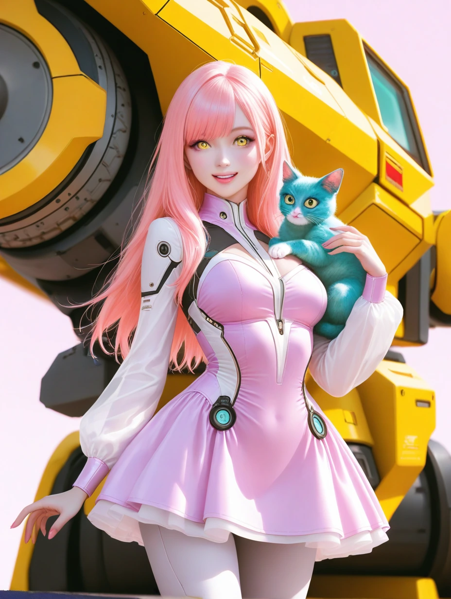 Beautiful smiling futuristic woman with a cat, dressed in a sleek minidress, standing beside a large Mech. Pale peach, pink, yellow, lavender, aqua, realistic