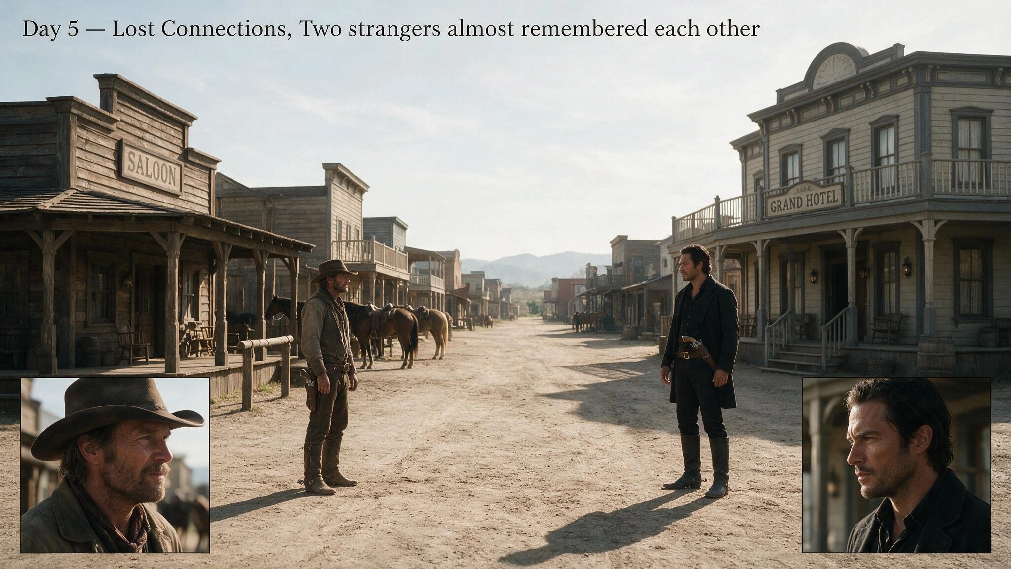Day 5 — Lost Connections, Two strangers almost remembered each other; The Wild West, in a one street town a dusty cowboy with a pair of tied down pistols eyes a handsome black clad man with a pistol holstered across his belly standing before the gran
