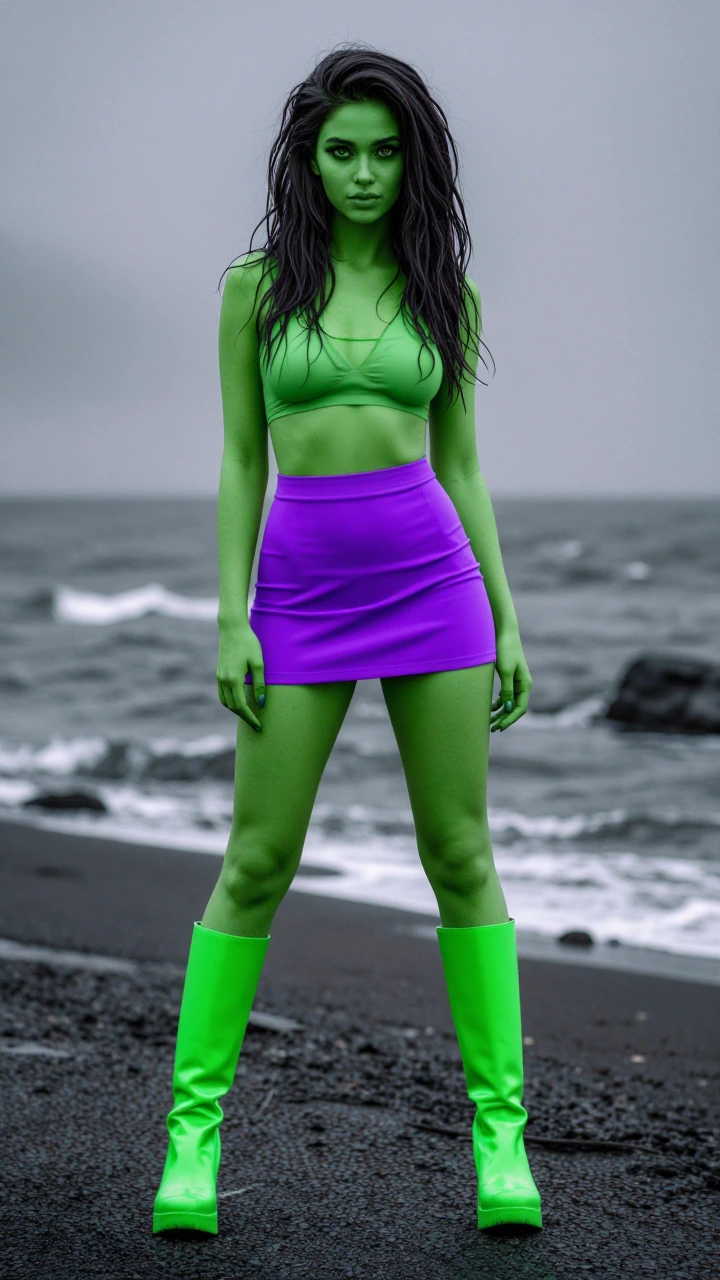 green skin beauitufl woman, but not scary, slime style, she has green boots, bright purple neon mini skirt, simple top