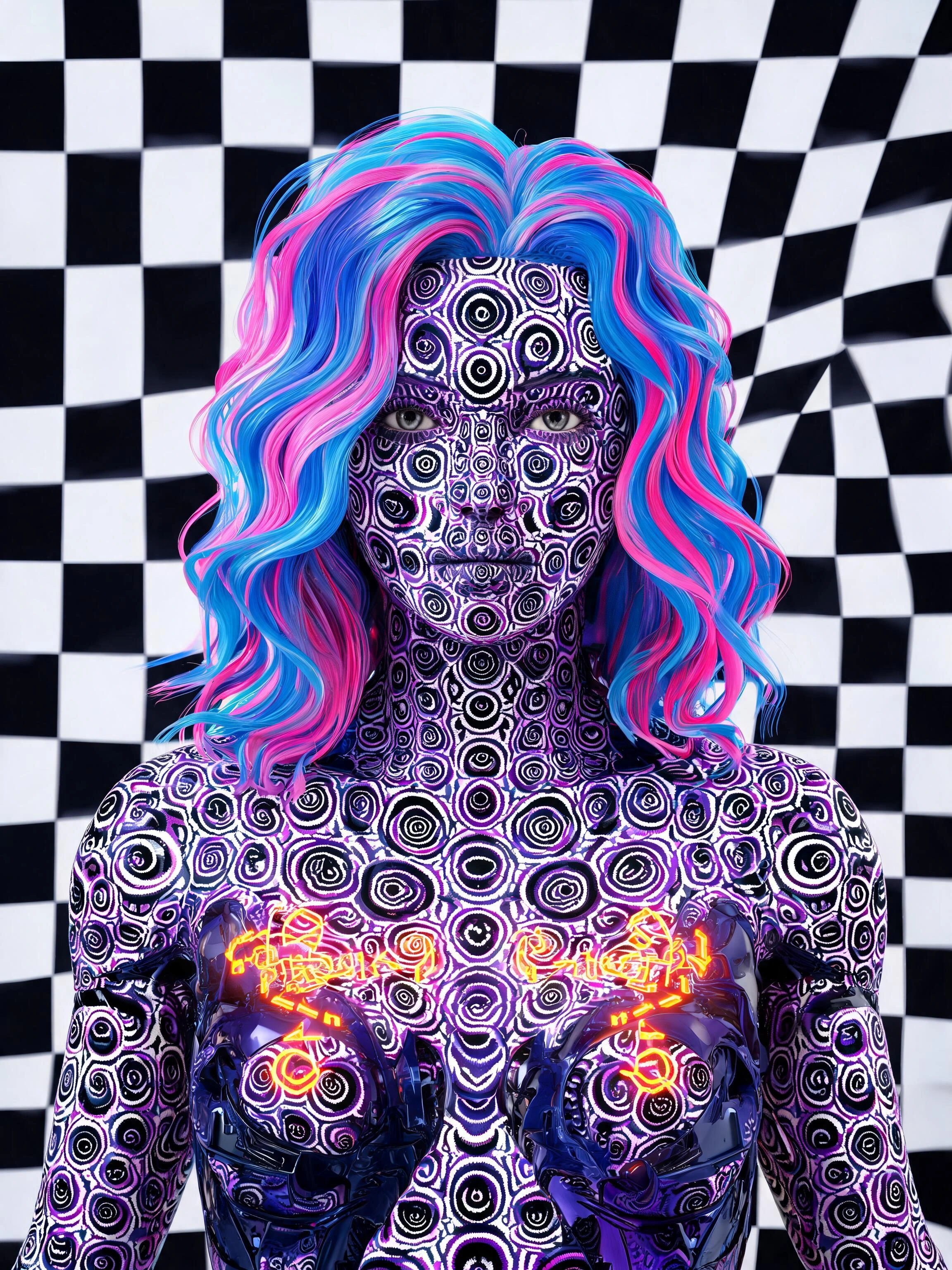A futuristic cyborg, 3D render, Op Art aesthetic. The "Drift" Layer (To create flow): The cyborg's nanobot skin is textured with repetitive, fractal concentric scales. The scales follow a strict four-step luminance gradient sequence: Black, Deep Pur