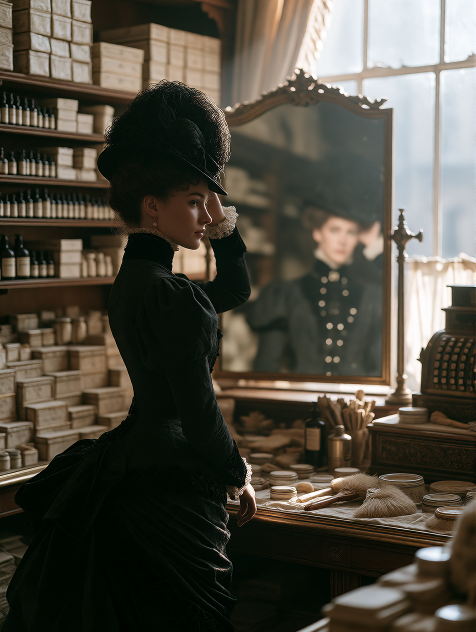 london, 1888. a woman adjusts her hat in a shop mirror, surr…