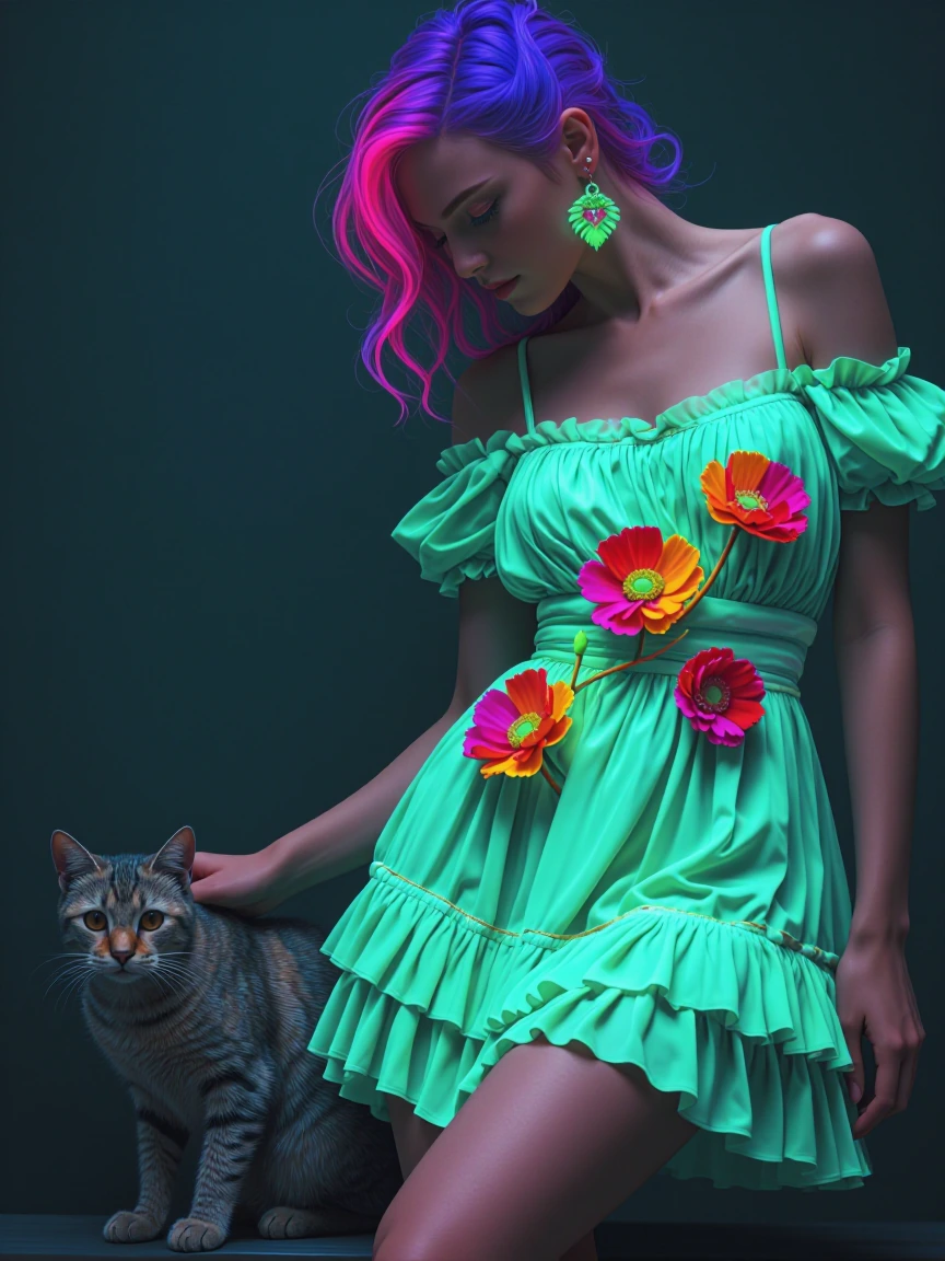 Woman in a frilly minidress and flowers . Cat nearby, All neon