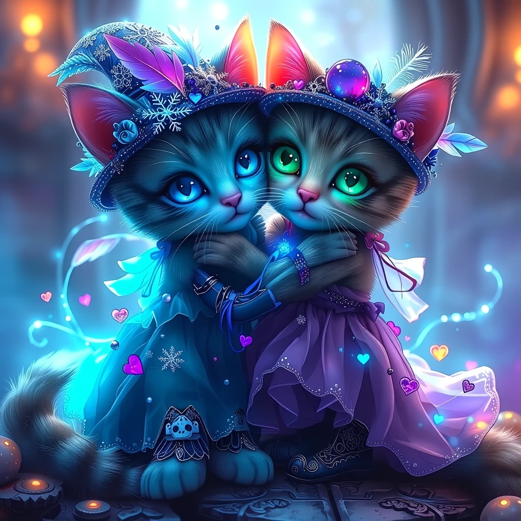 Masterpiece, best quality, ultra detailed, intricate details, sharp focus, adorable whimsical fantasy art of two cute anthropomorphic cats hugging each other affectionately. One cat has bright blue eyes and the other has heterochromia (one blue eye a